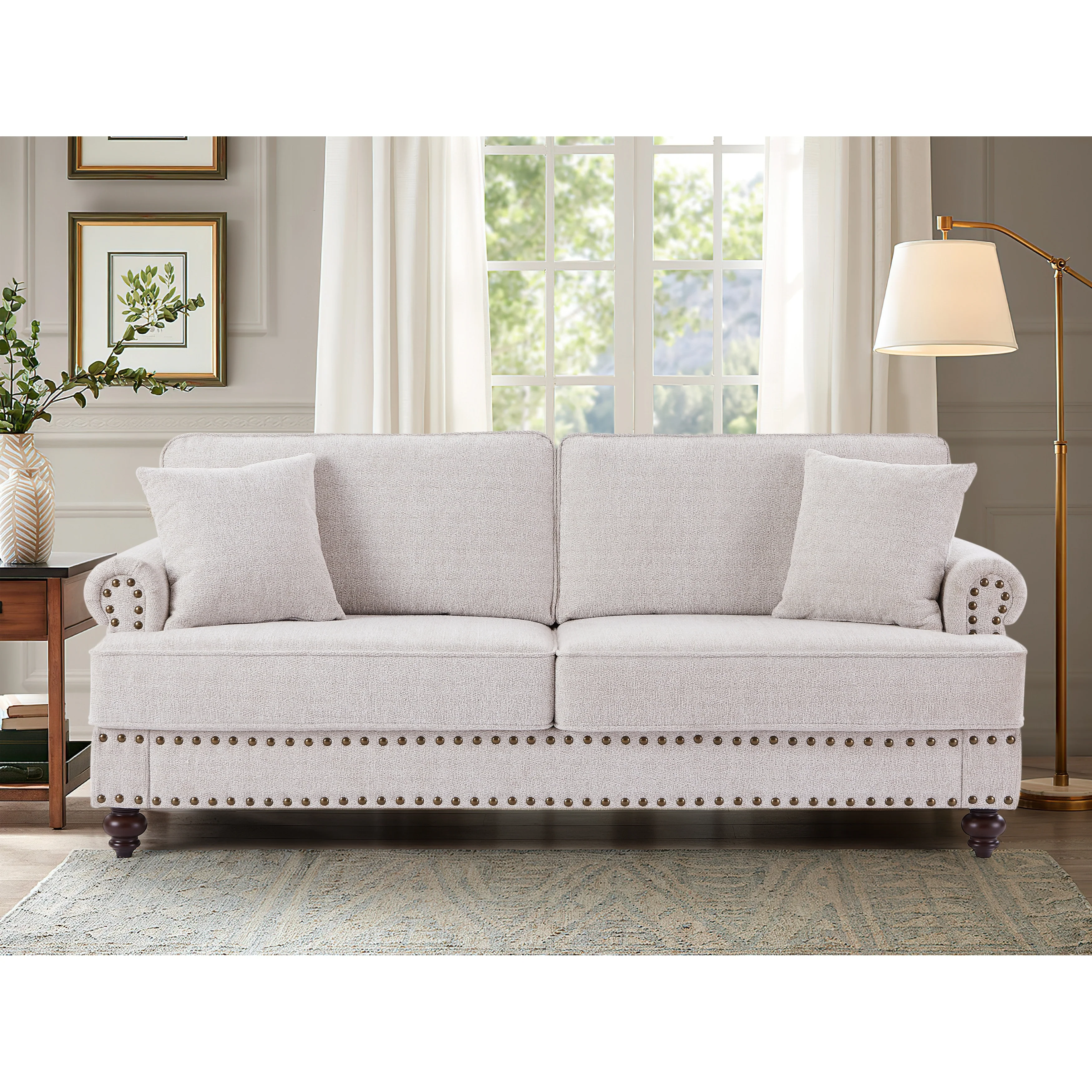 Modern Sleeper Sofa Chenille Fabric Sofa Couch with Nailhead Trim Couch and Lumbar Pillows, Rolled Arms Lounge Settee