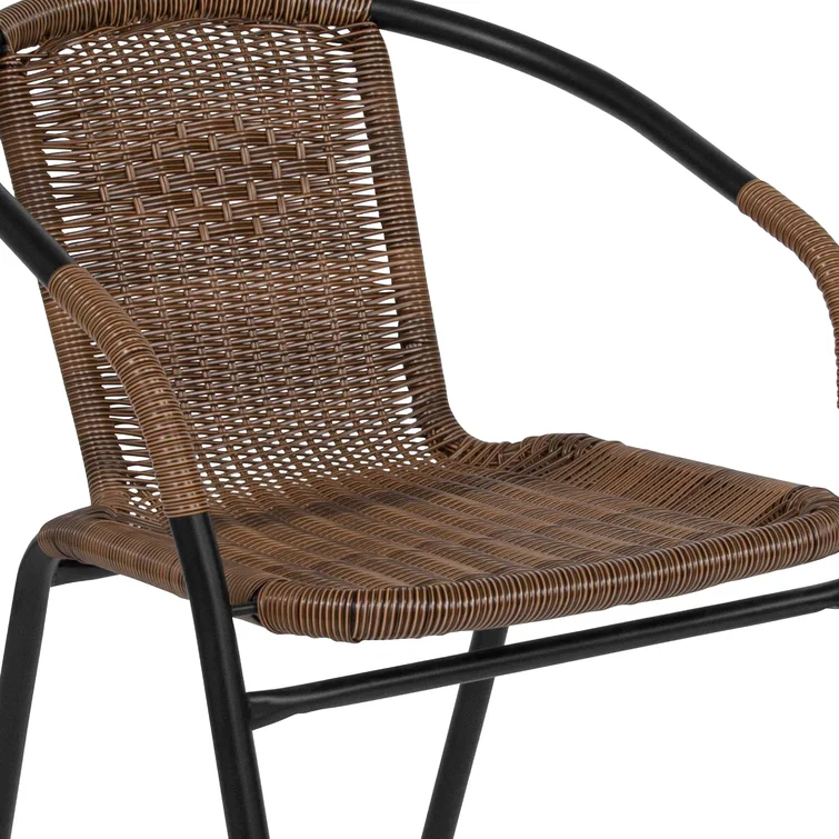 28'' Round Glass Table with Rattan Edging and 4 Rattan Stack Chairs