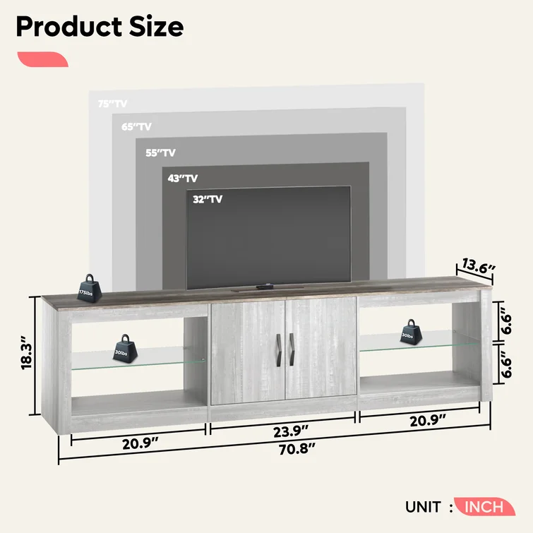 Brandenburg 70 Inch Led TV Stand for 75 Inch TV Large Entertainment Center Gaming with Adjustable Glass Shelves