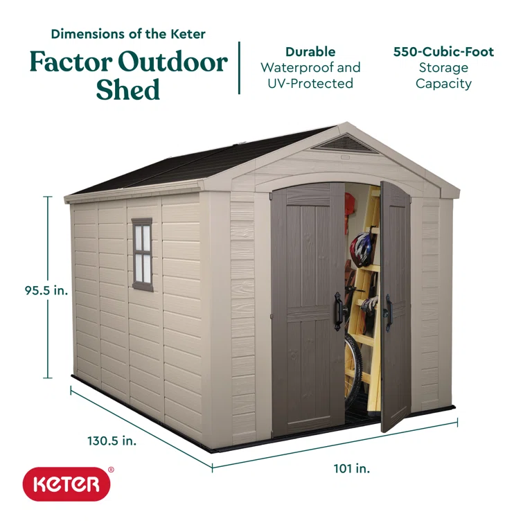 Keter Factor 8x11 ft. Durable Resin Outdoor Storage Shed With Floor and Double Doors for Garden Patio Furniture and Tools