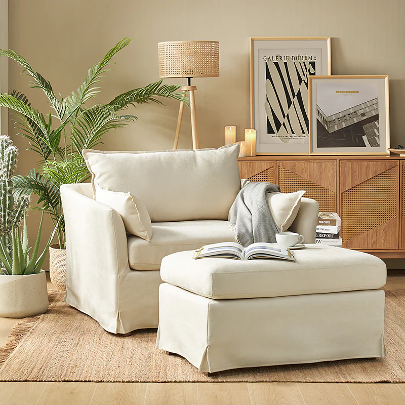 Miles Slipcovered Armchair with Large Ottoman