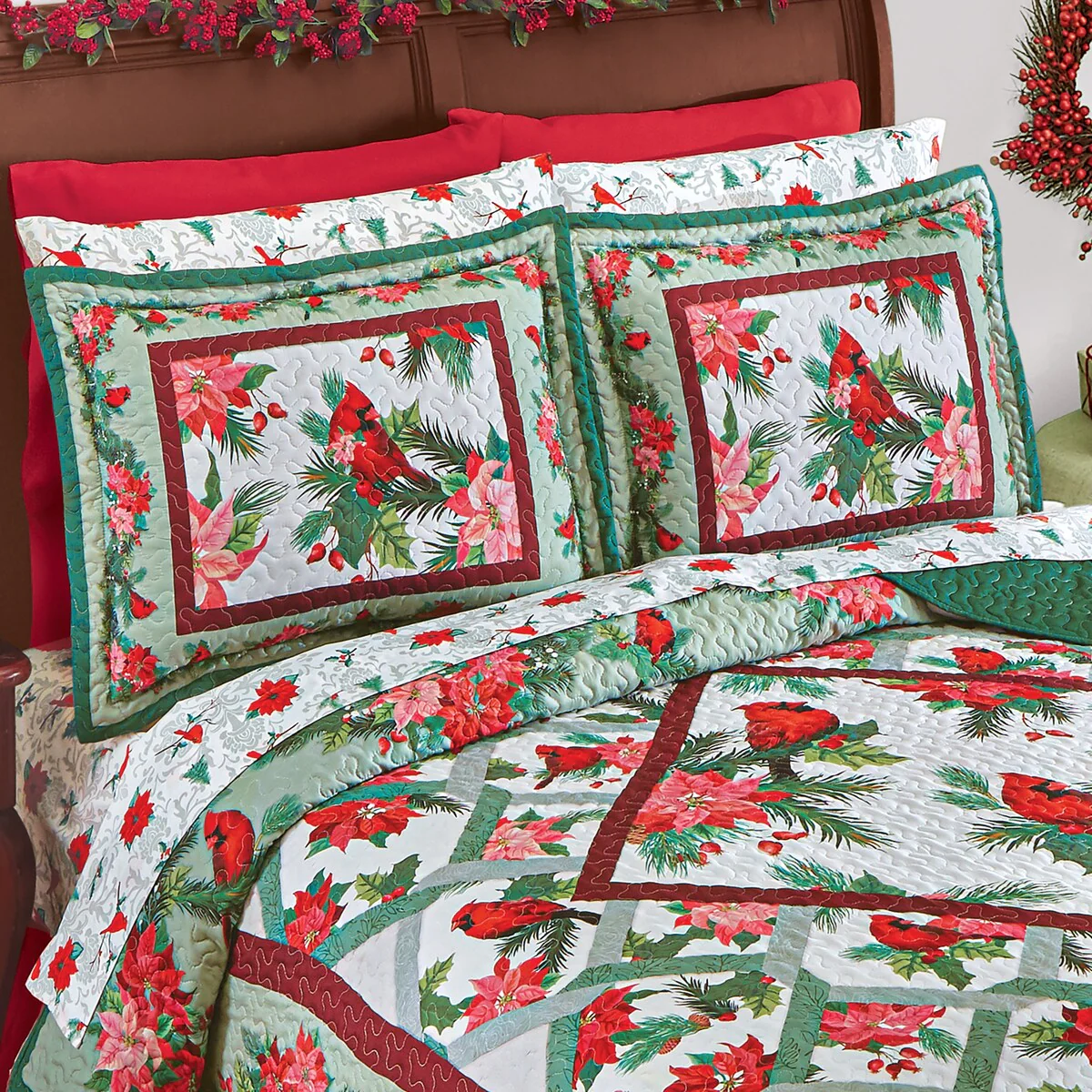 Holiday Cardinal and Poinsettias Pillow Sham