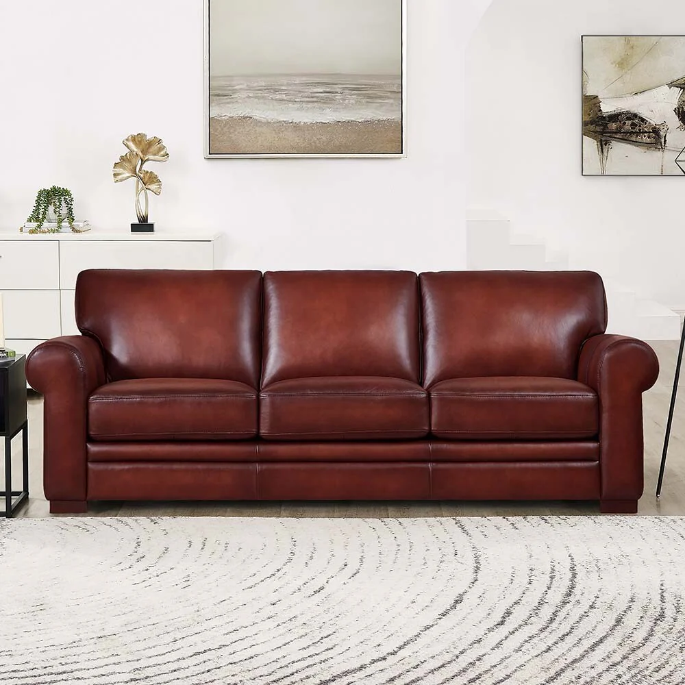 Hydeline Brookfield Waxy Pull-up Top Grain Leather Sofa With Feather, Memory Foam and Springs