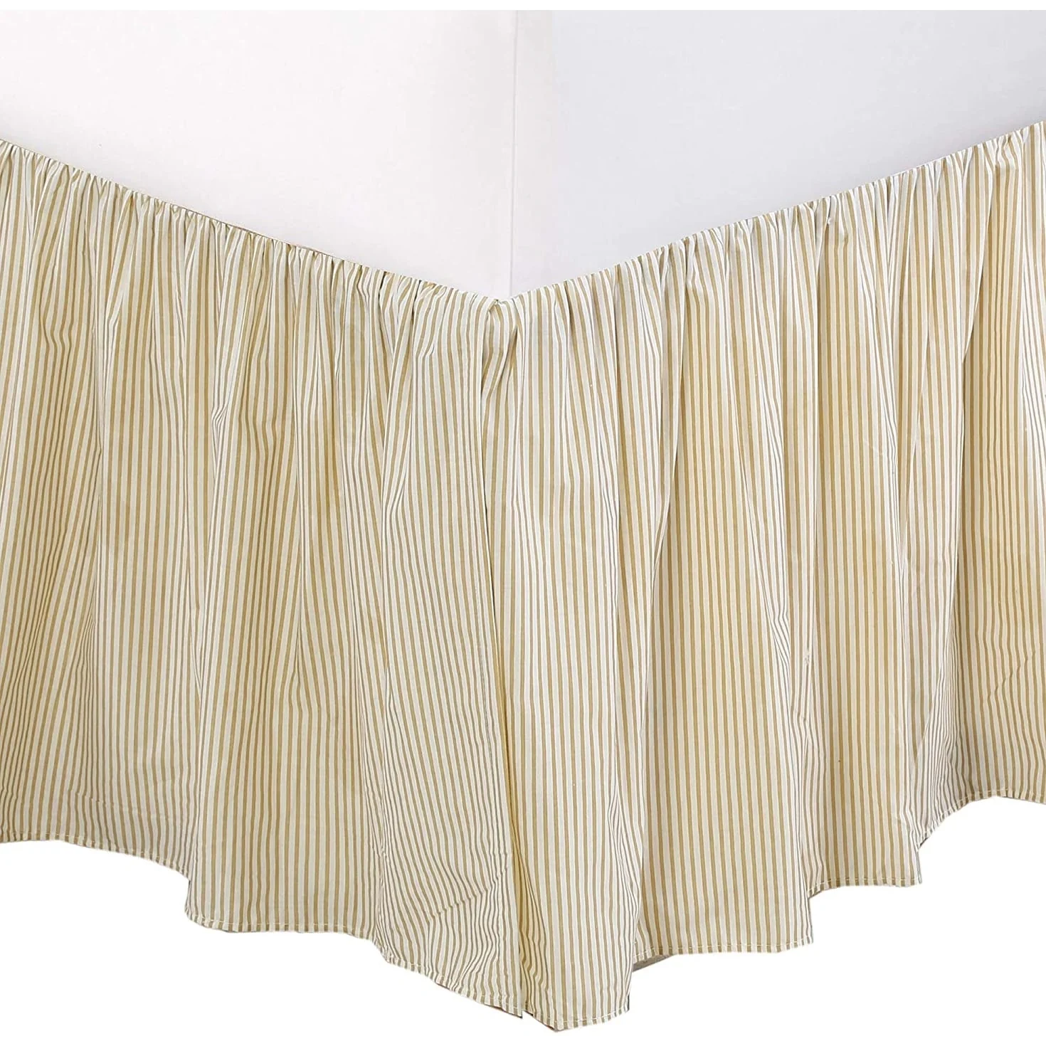 Cozy Line Golden Farmhouse Ticking Cotton Bed Skirt Cream Striped Ruffled Dust Ruffle, Tailored 16