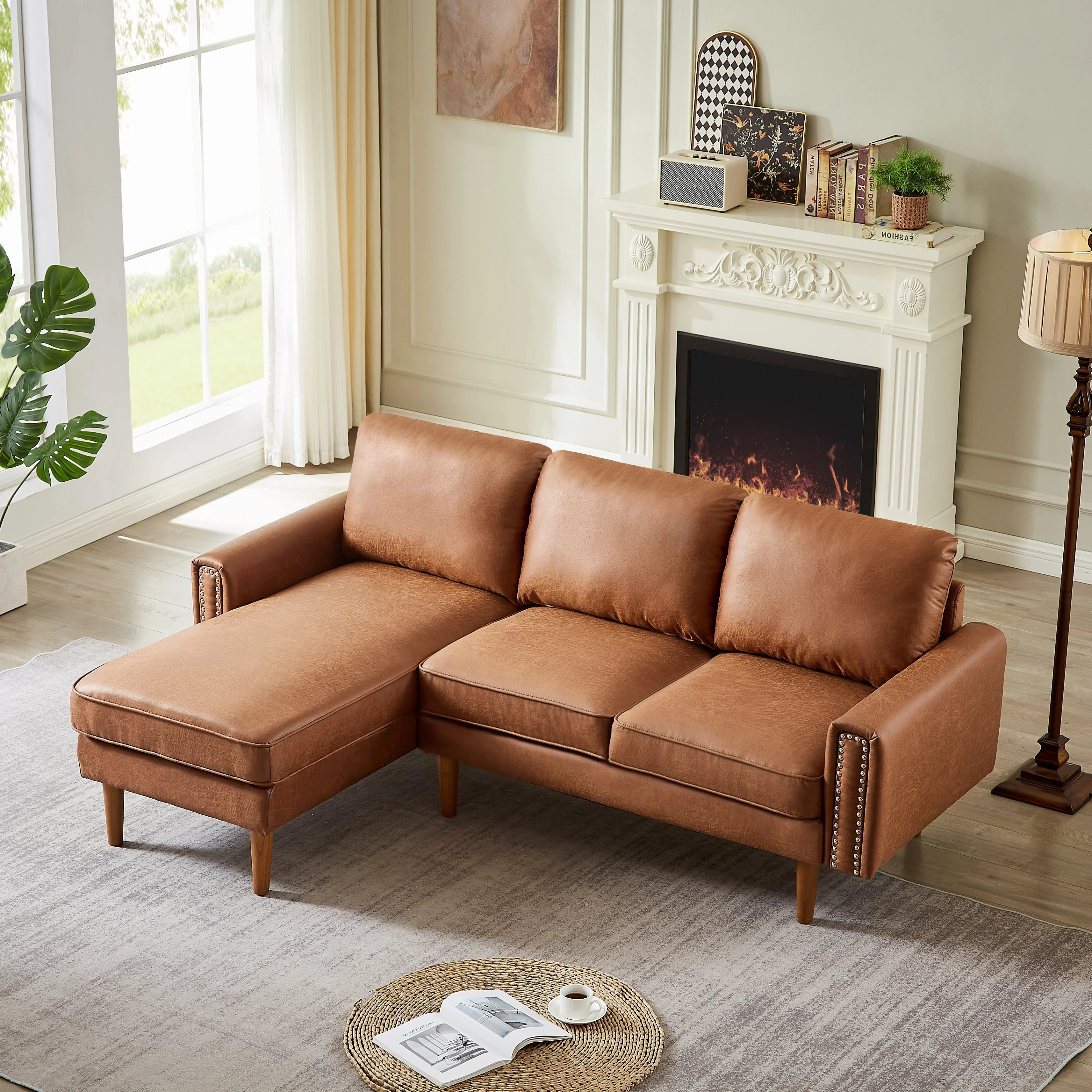 Brown 82.2'' PU Leather L Shape 3 Seater Sofa Couch with Left Chaise and Nailheads, Copper Nail Accents, Strong Wooden Legs