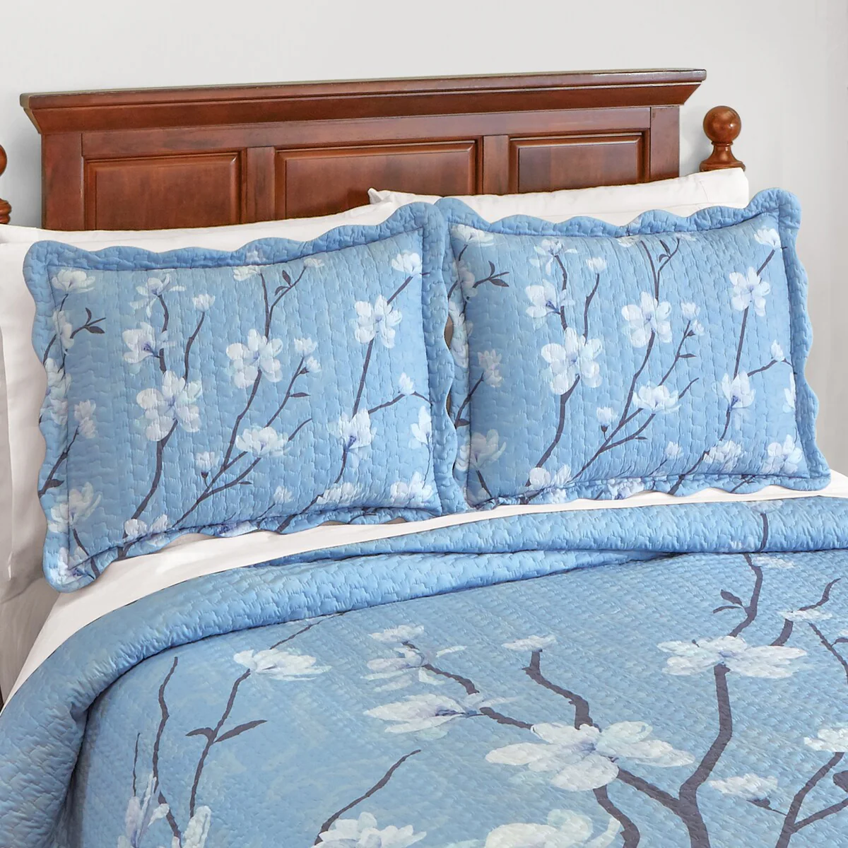 Lovely White Floral Blossom Scalloped Edge Pillow Sham