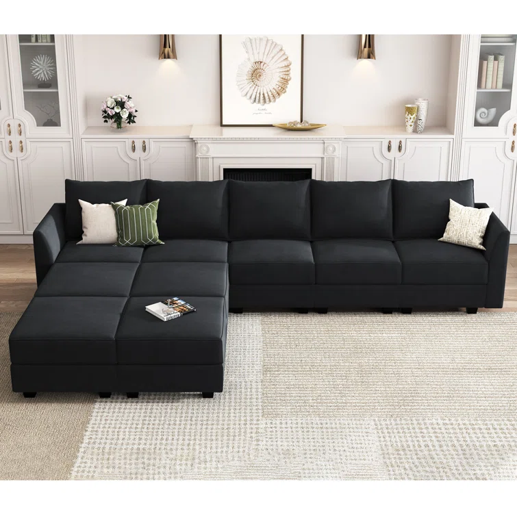 Sabira Velvet Reversible Modular Sofa & Chaise with Ottoman