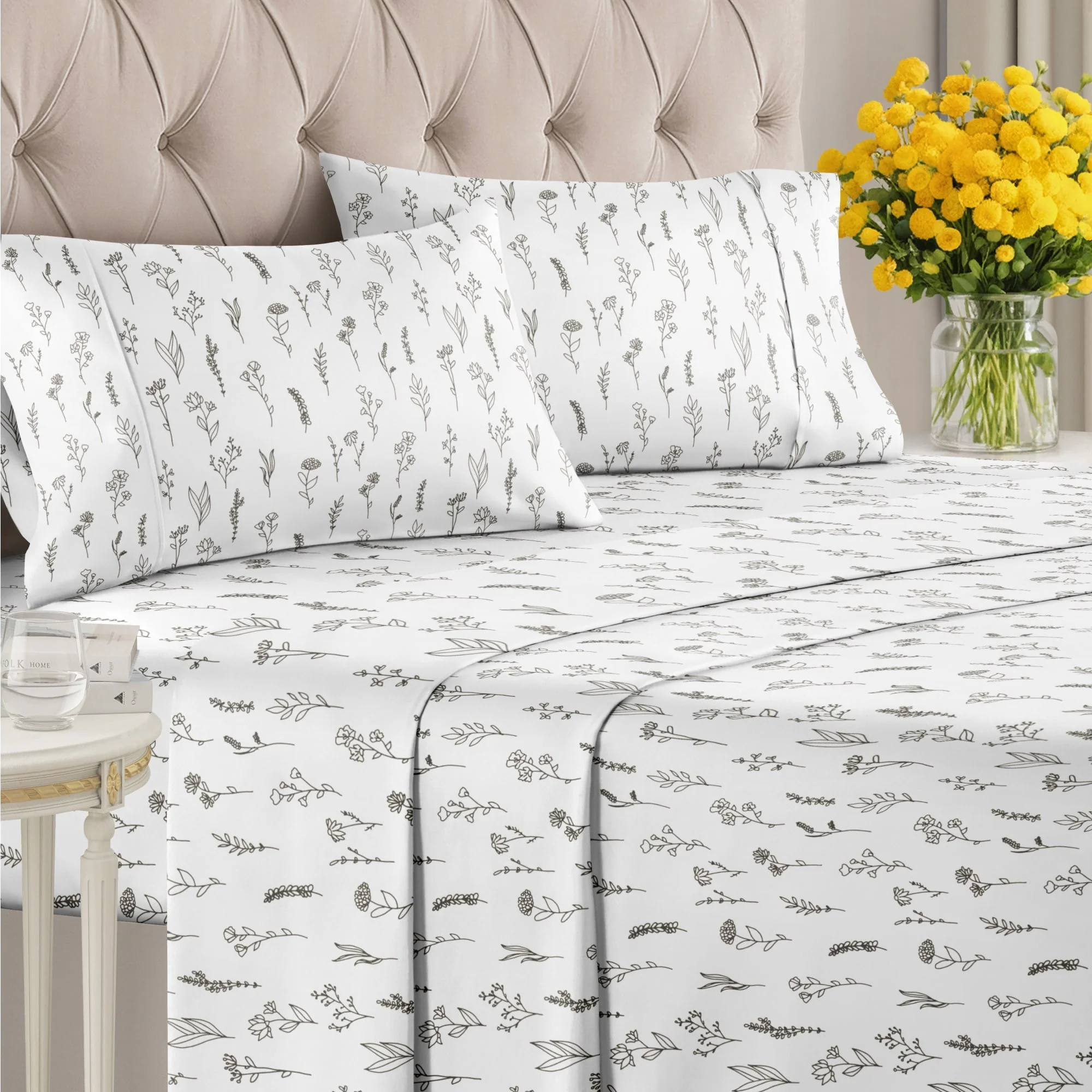CGK Linens Luxurious 4 Piece Floral Sheet Set,Deep Pocket, Soft, Wrinkle-Resistant Pastel Botanical Bed Sheets
