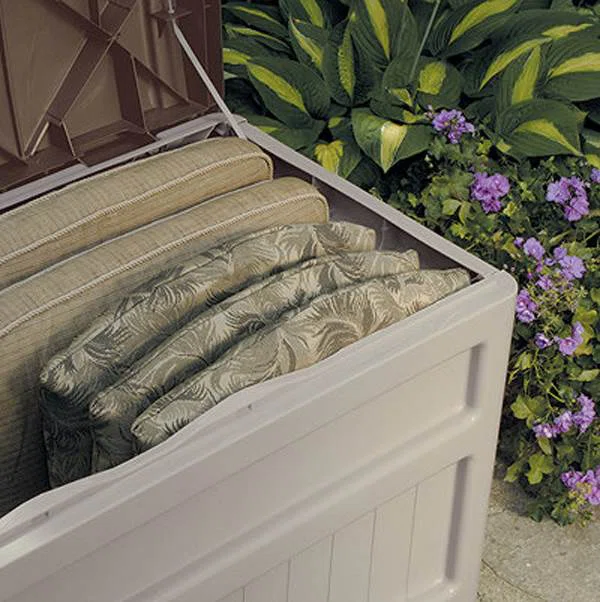 Suncast 78 Gallon Water Resistant Resin Deck Box with Wheels in Light Taupe/Mocha