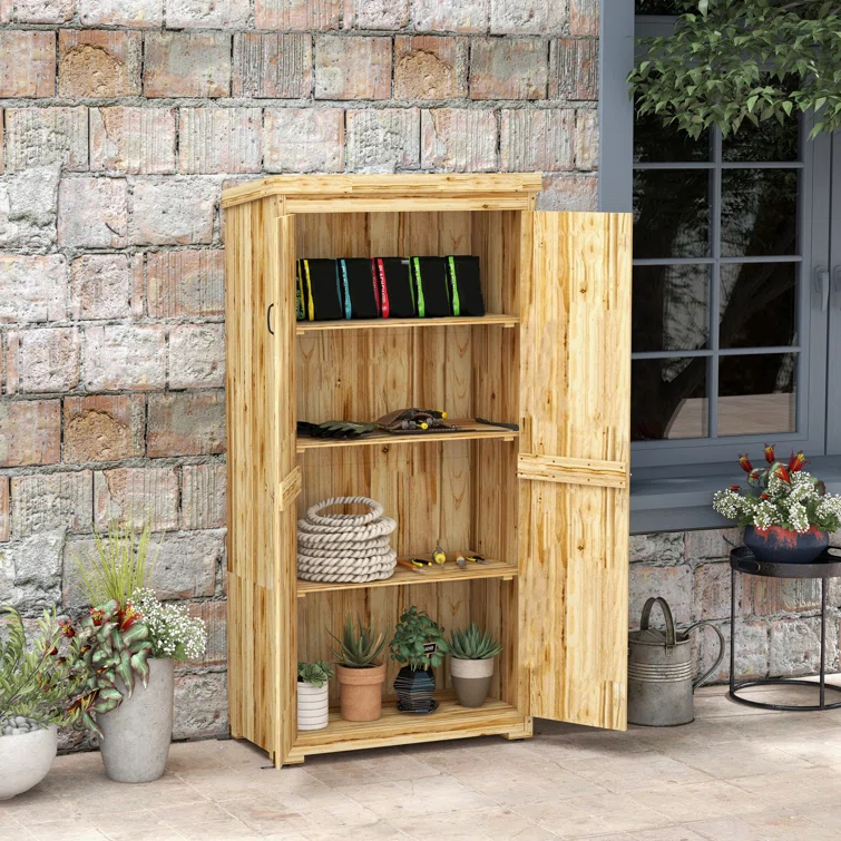 Natural Wooden Garden Storage Cabinet w'Galvanized Metal Roof, 3 Shelves,Lockable Door-Waterproof
