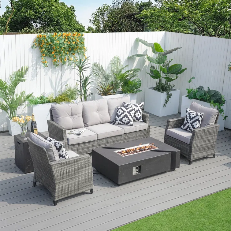 Julia 5- Person Outdoor Wicker Patio Conversation Furniture Set With Fire Pit
