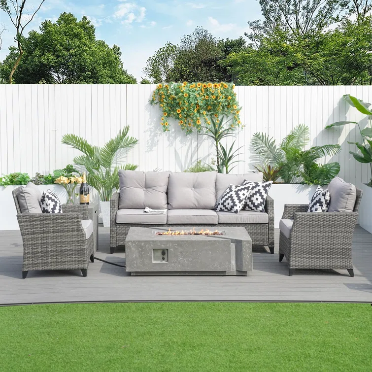 Julia 5- Person Outdoor Wicker Patio Conversation Furniture Set With Fire Pit