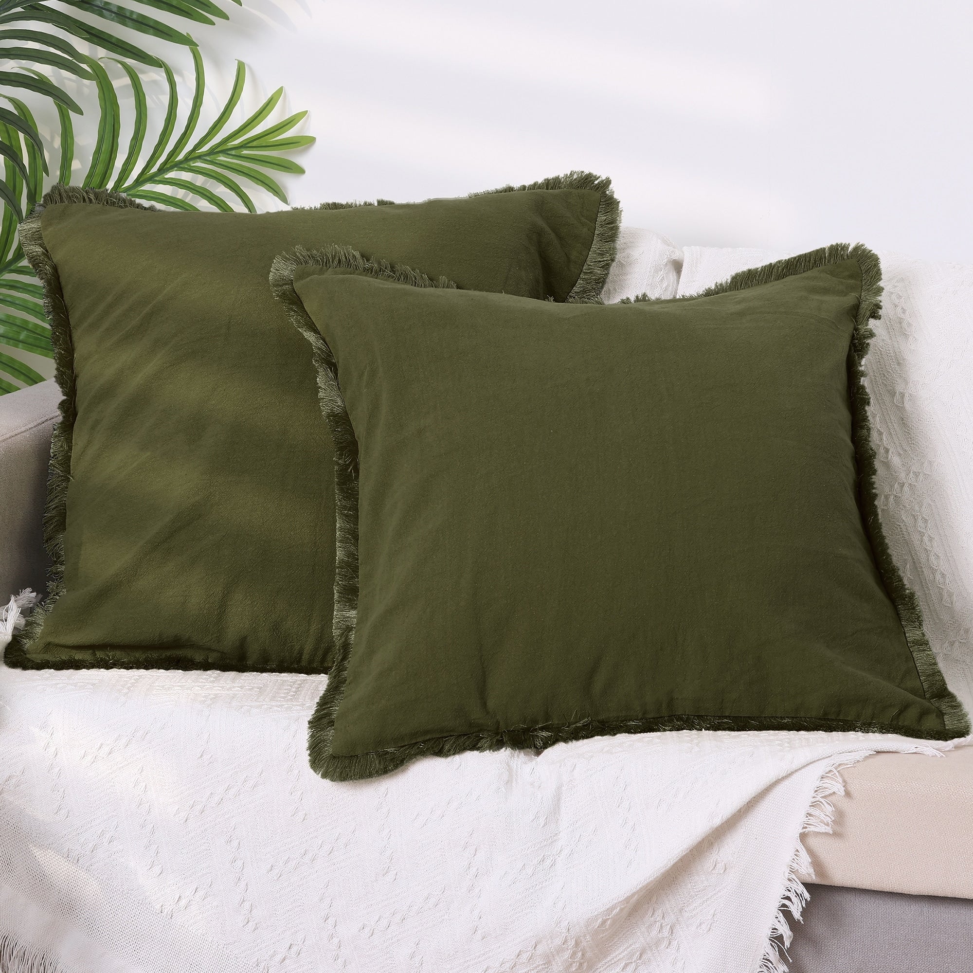 2 Pcs Cotton Decorative Throw Pillow Cover with Tassel Trim for Sofa