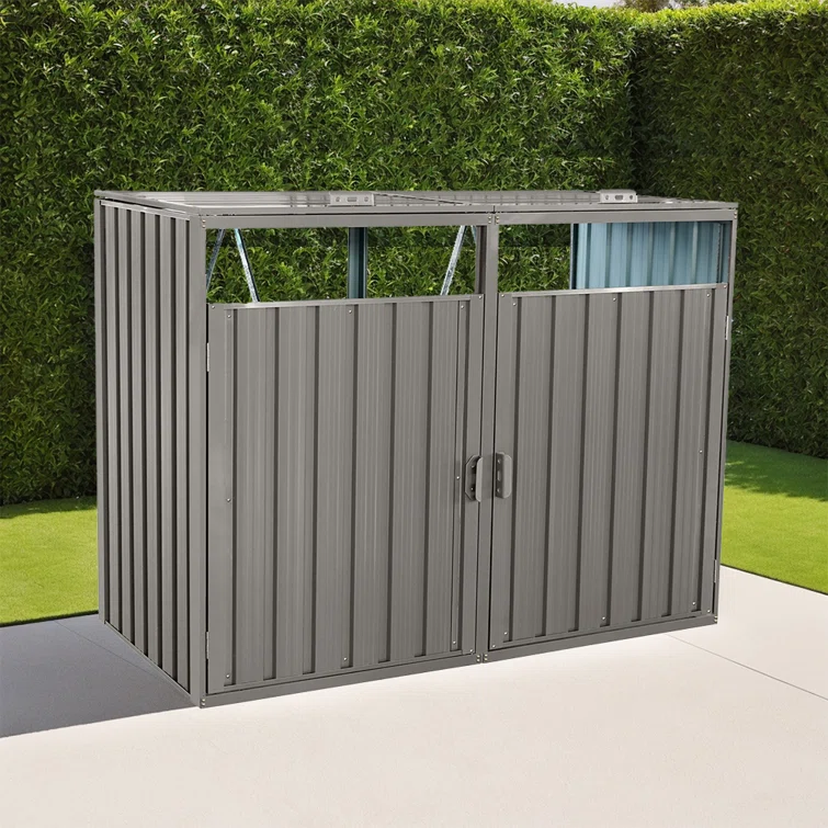Outdoor Trash Can Storage, Storage Shed For 2 Trash Cans And Tools,Waterproof Garbage Bin Shed