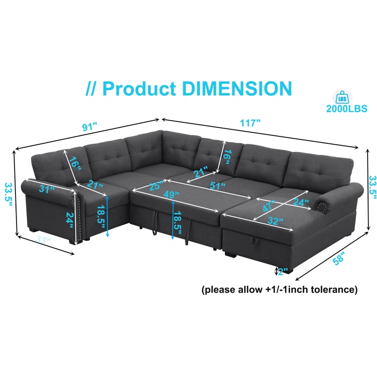 Nazlije Modular Upholstered Pull-Out Sleeper Sectional Chaise with Storage