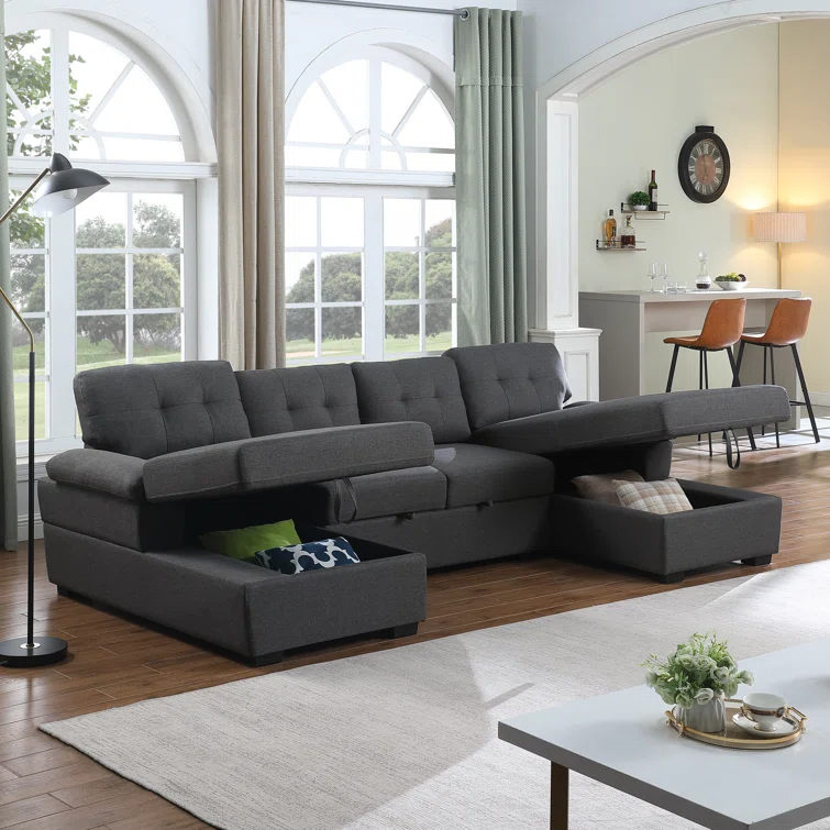 Allan 120” Sectional Sofa Couch Sleeper Bed With Storage Double Reversible Chaise