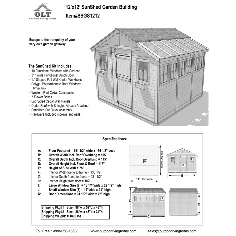 12 ft. W x 12 ft. D Cedar Wood Sunshed Garden Shed