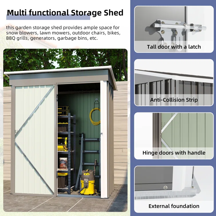 Grey 5 x 3 ft. Outdoor Tool Shed with Lockable Door and Sloping Roof for Patio, Lawn & Garden Storage