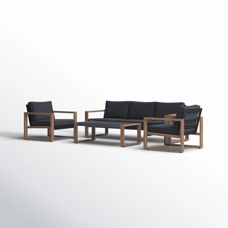 Arunas 5 Person Outdoor Conversation Furniture Set Seating Group with Wood Pattern and Cushions