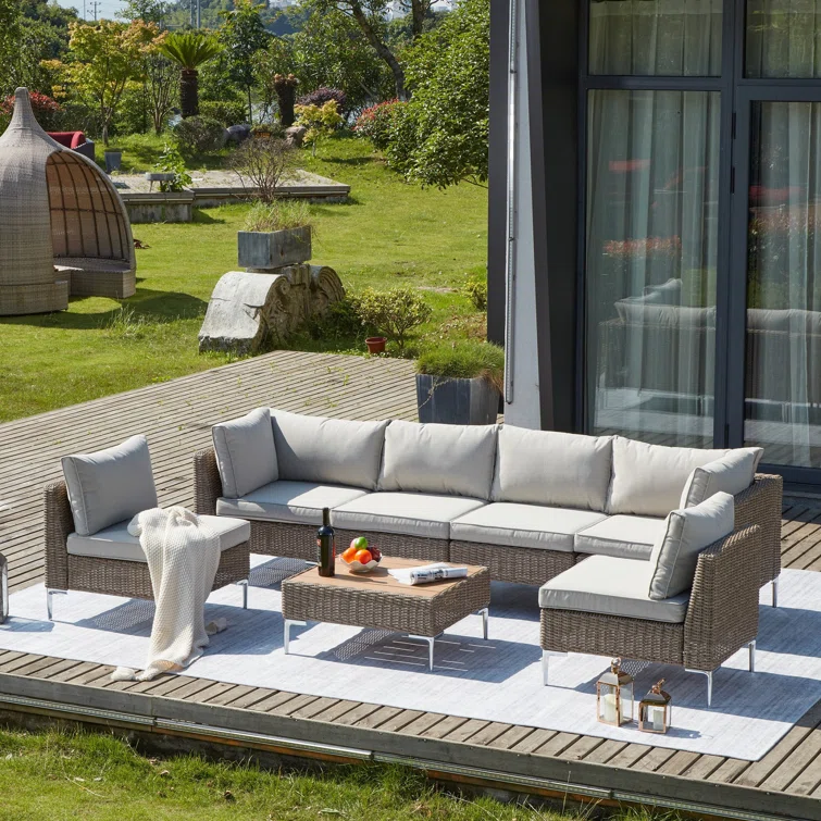 Quadrell 6 - Person Outdoor Wicker Patio Conversation Furniture Set with Optional Fire Pit Table