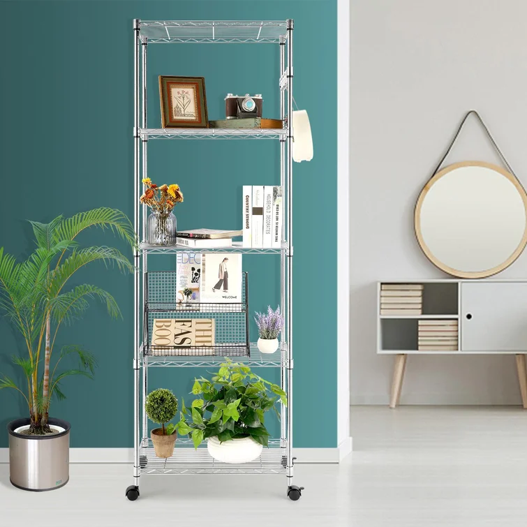 Shavon 70.86” Modern Steel Shelving Unit, Chrome Wire Rack With Casters and Feet for Home Organization