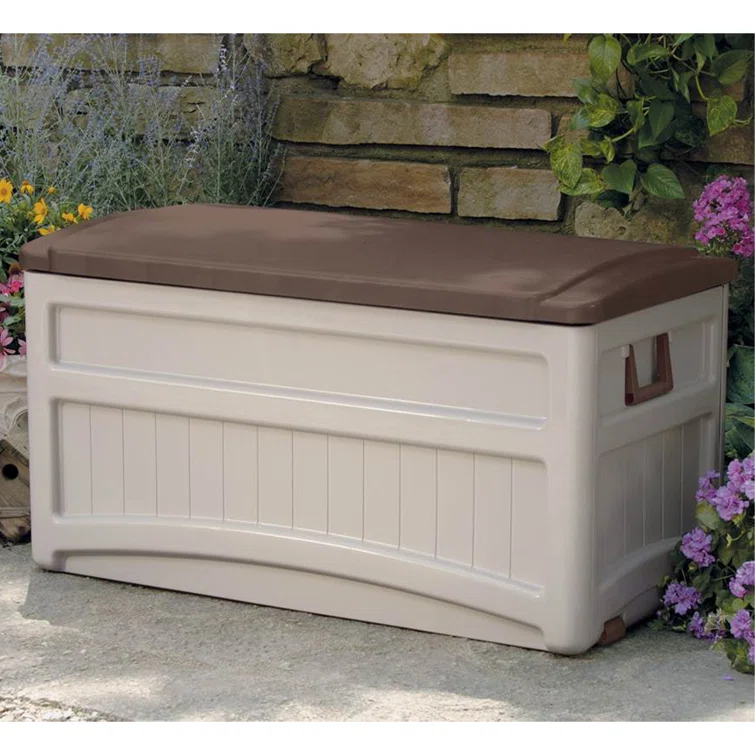 Suncast 78 Gallon Water Resistant Resin Deck Box with Wheels in Light Taupe/Mocha