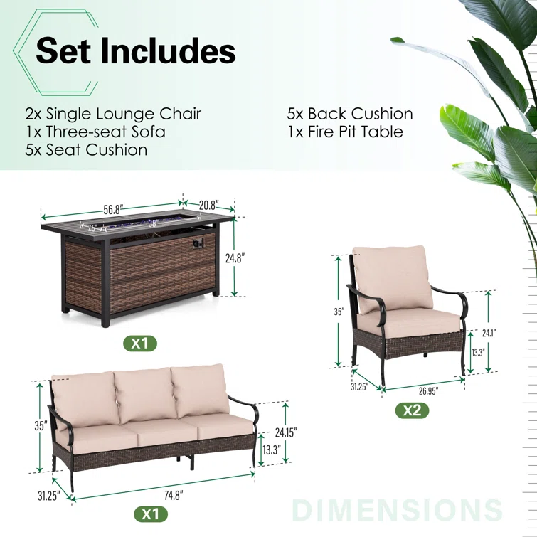 Arwand Outdoor Patio Conversation Set with Fire Pit Table & Optional Ottomans