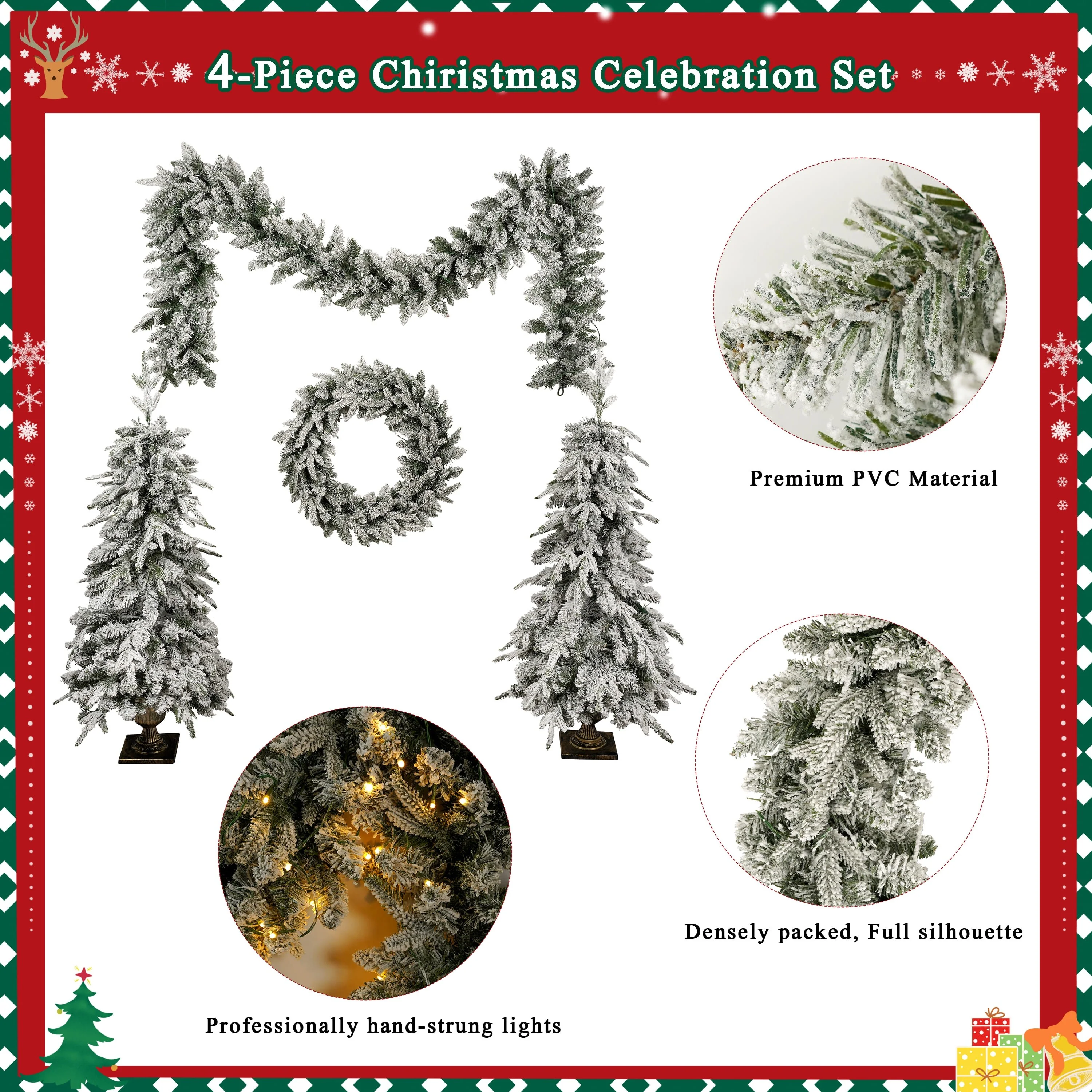4-Piece Pre-lit Artificial Christmas Tree Set with Warm White LED Lights, Wreath, Garland & 2 Entrance Trees for Festive