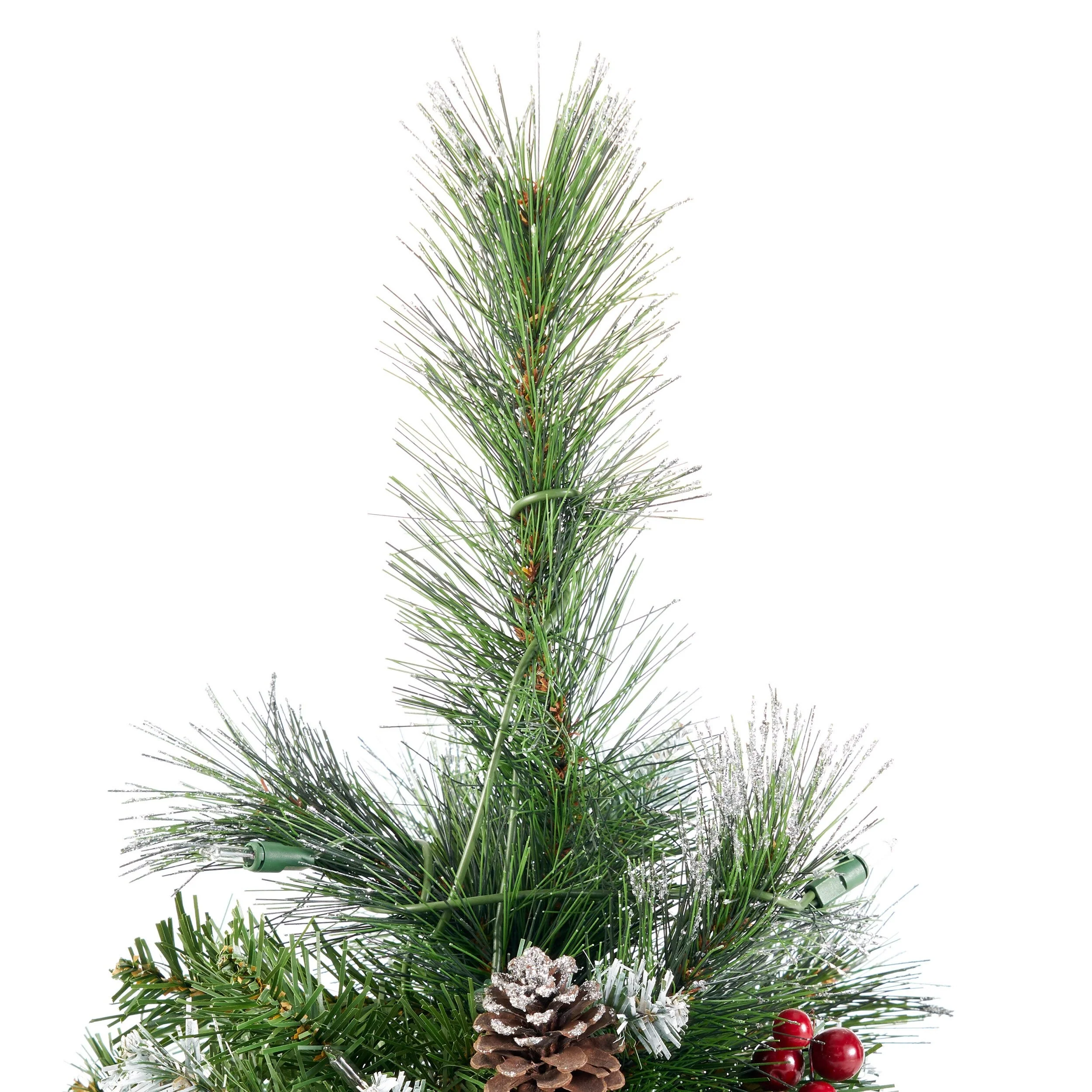 4.5FT Pre-Lit Glitter Bristle Christmas Tree with Pine Cones, Red Berries & 200 Clear Lights, Hinged for Easy Assembly