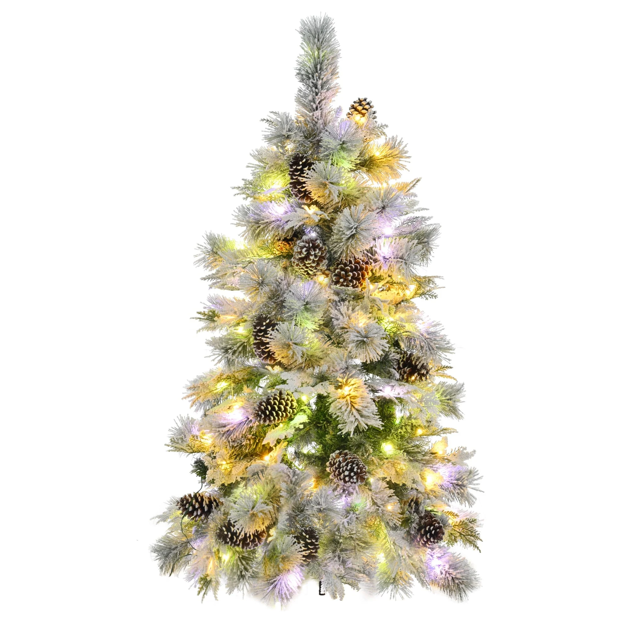 Artificial Snow Flocked Spruce Christmas Tree with 120/250/450 LED Lights, Pine Cones, and 11 Flashing Modes, 4FT/6FT/7.5FT