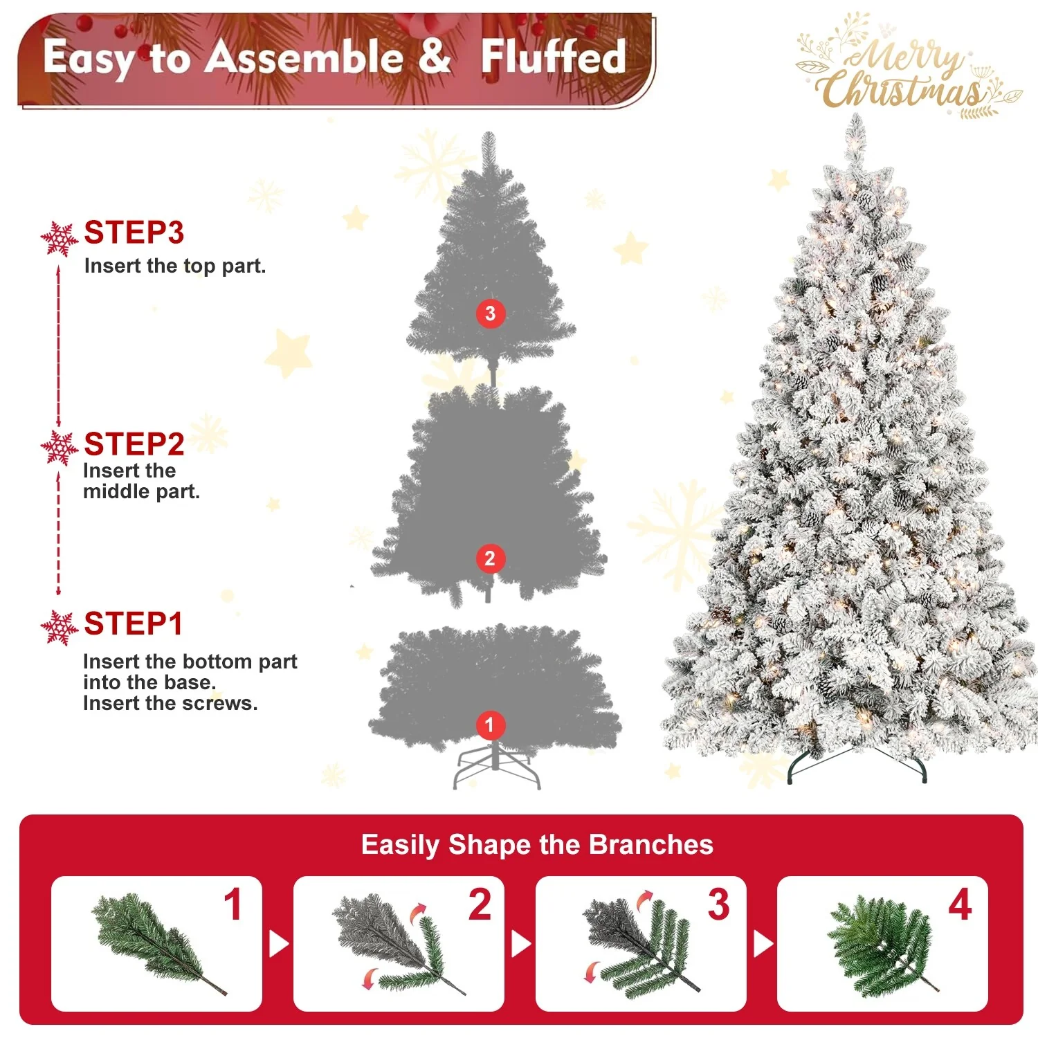 7.5ft Prelit Snow-Flocked Christmas Tree with Pine Cones, Easy Assembly