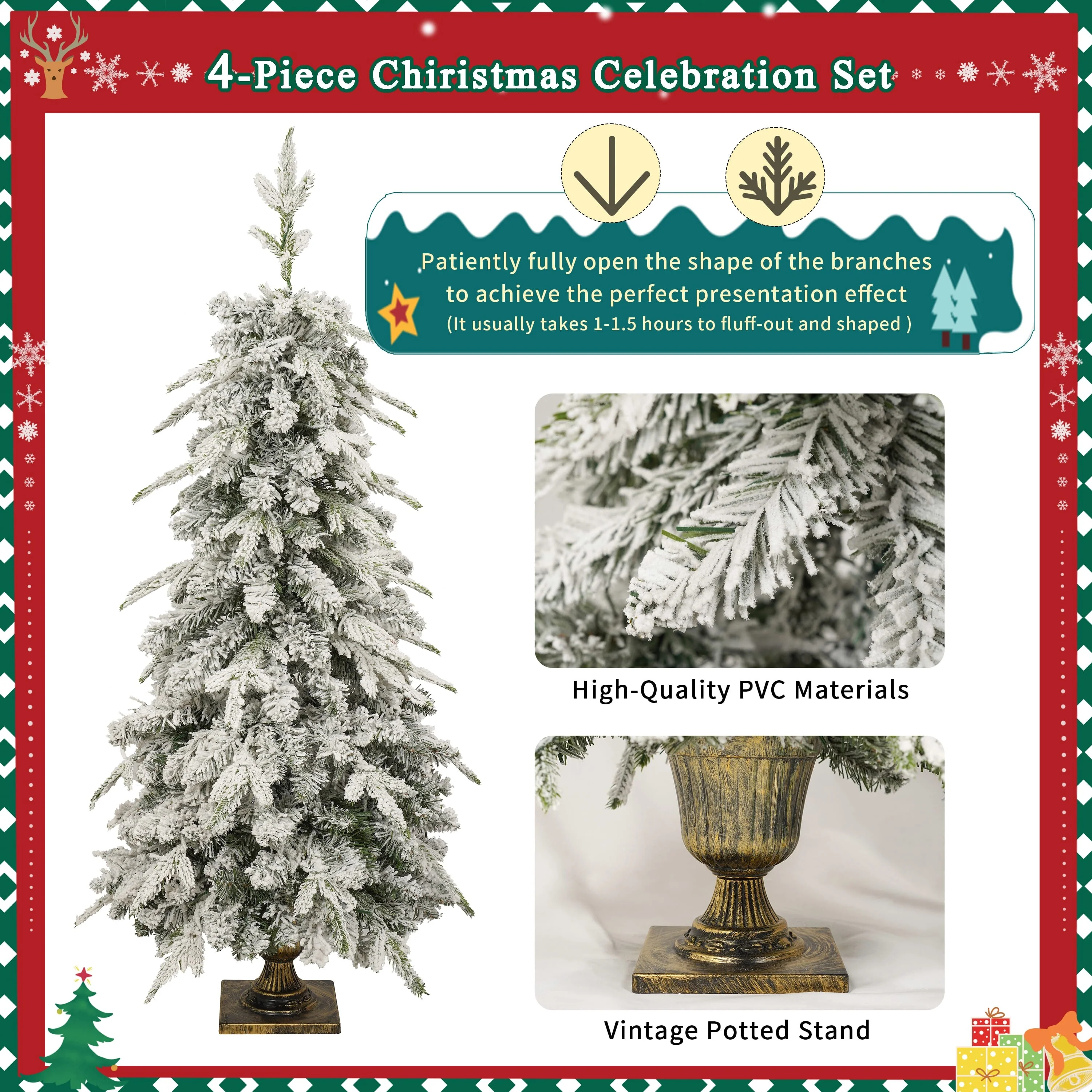 4-Piece Pre-lit Artificial Christmas Tree Set with Warm White LED Lights, Wreath, Garland & 2 Entrance Trees for Festive