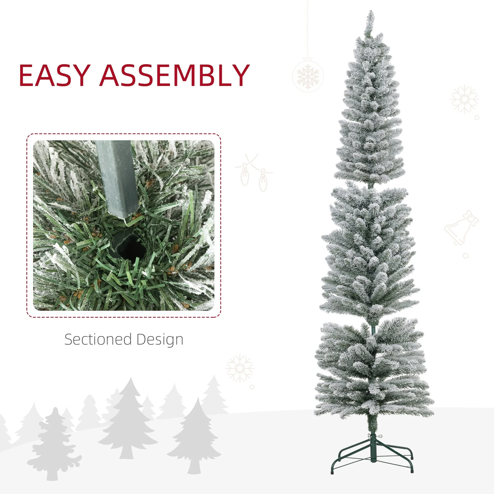 7ft Slim Snow Flocked Pencil Christmas Tree, 405 Tips with Metal Base, Ideal for Small Spaces & Foyers