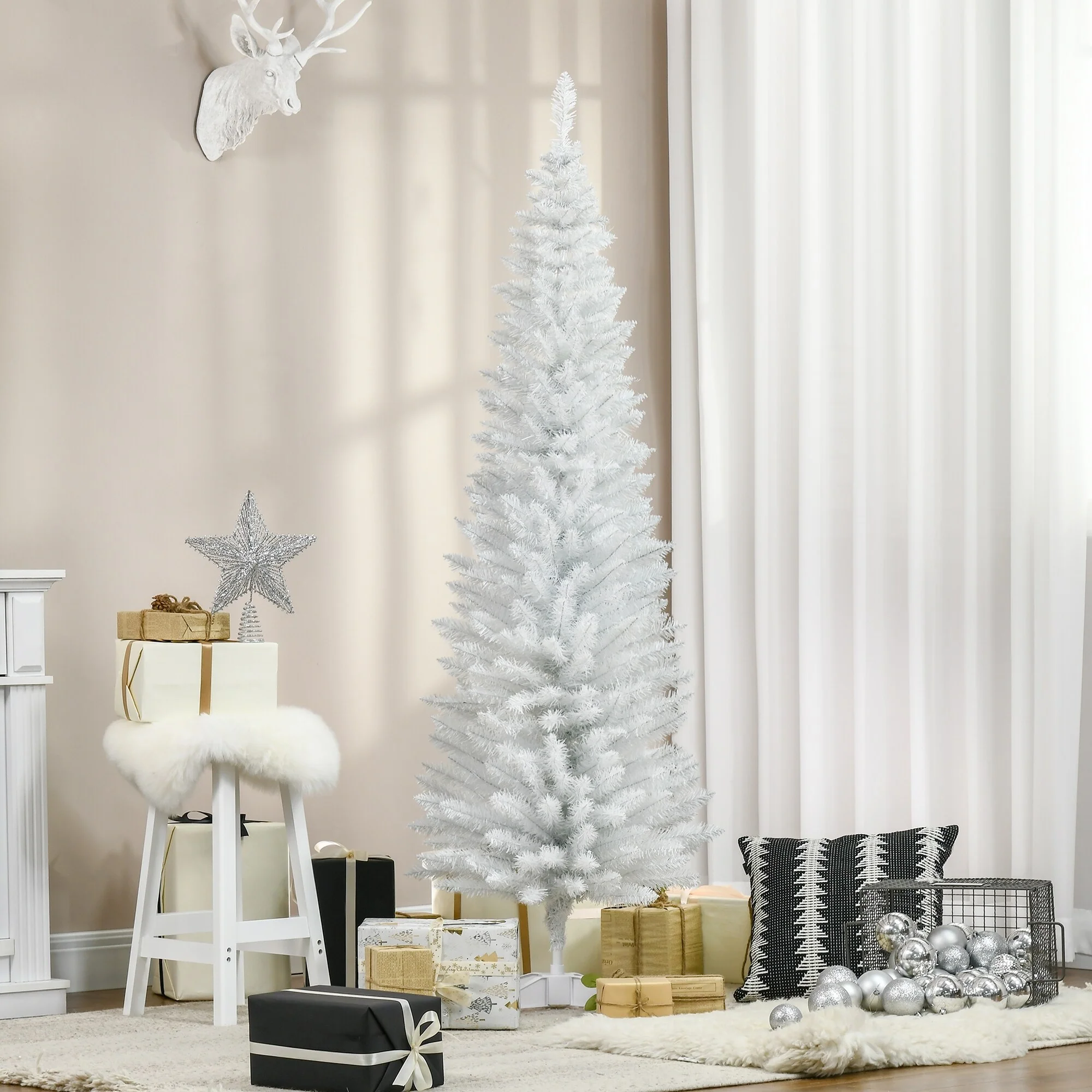 Slim 6FT/7FT Pencil Christmas Tree, Space-Saving Unlit Artificial Xmas Tree with Realistic Branches
