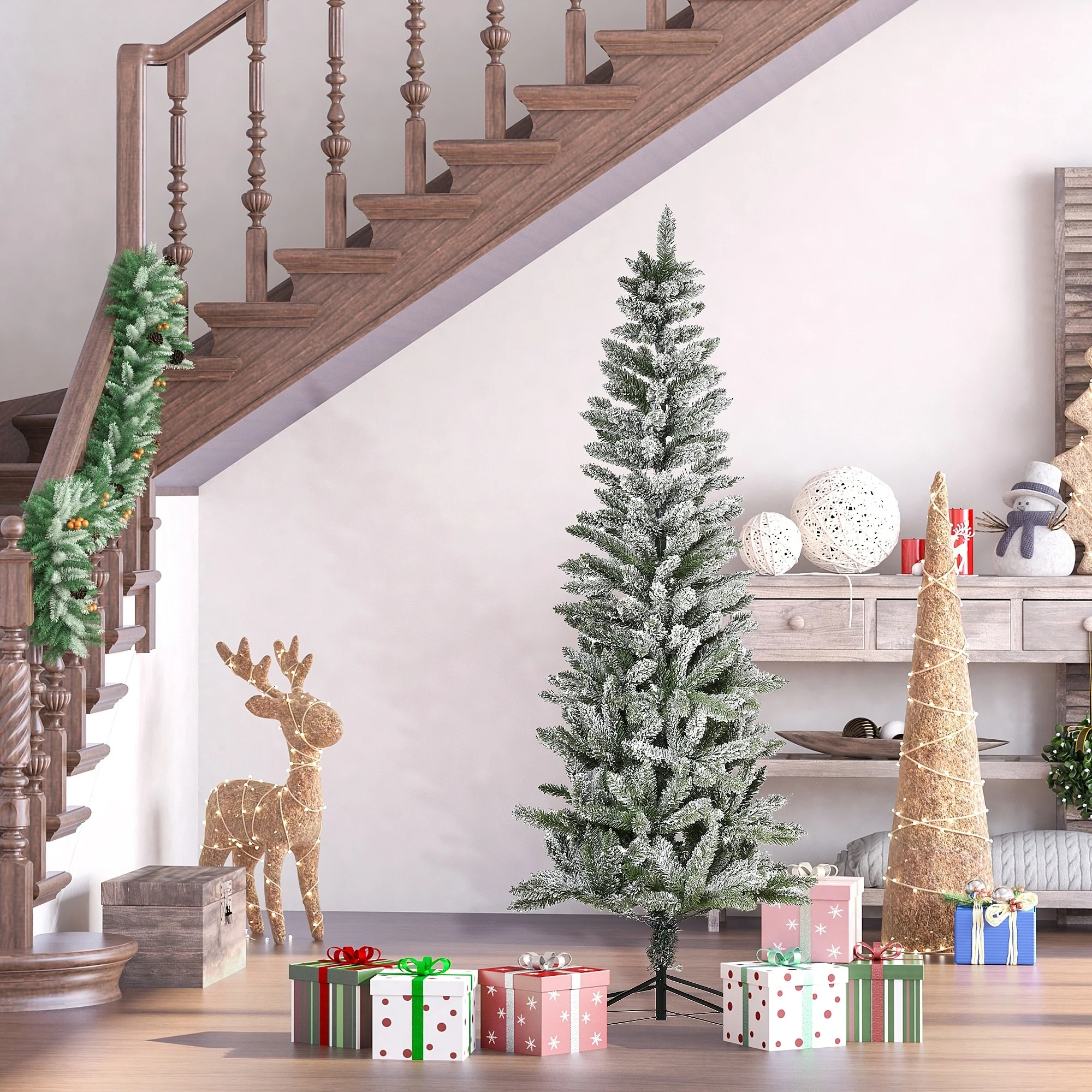 6ft Unlit Slim Pine Christmas Tree, Snow-Flocked Artificial with Full Branch Tips, Perfect Holiday Decor