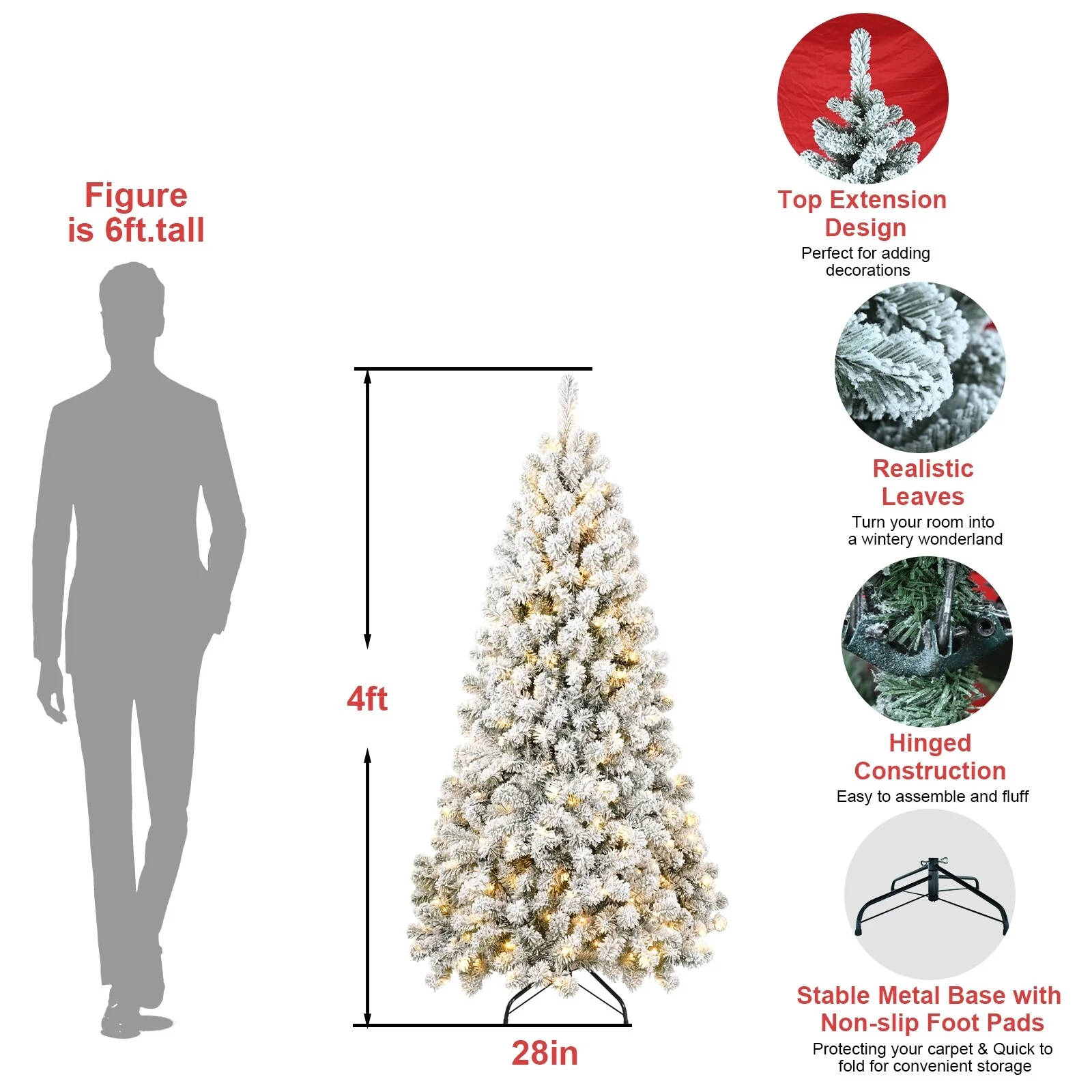 Snow-Flocked Pre-Lit Christmas Tree with Memory Wire Tips and 300-400 Warm Lights, Easy Setup for Indoor Holiday Display