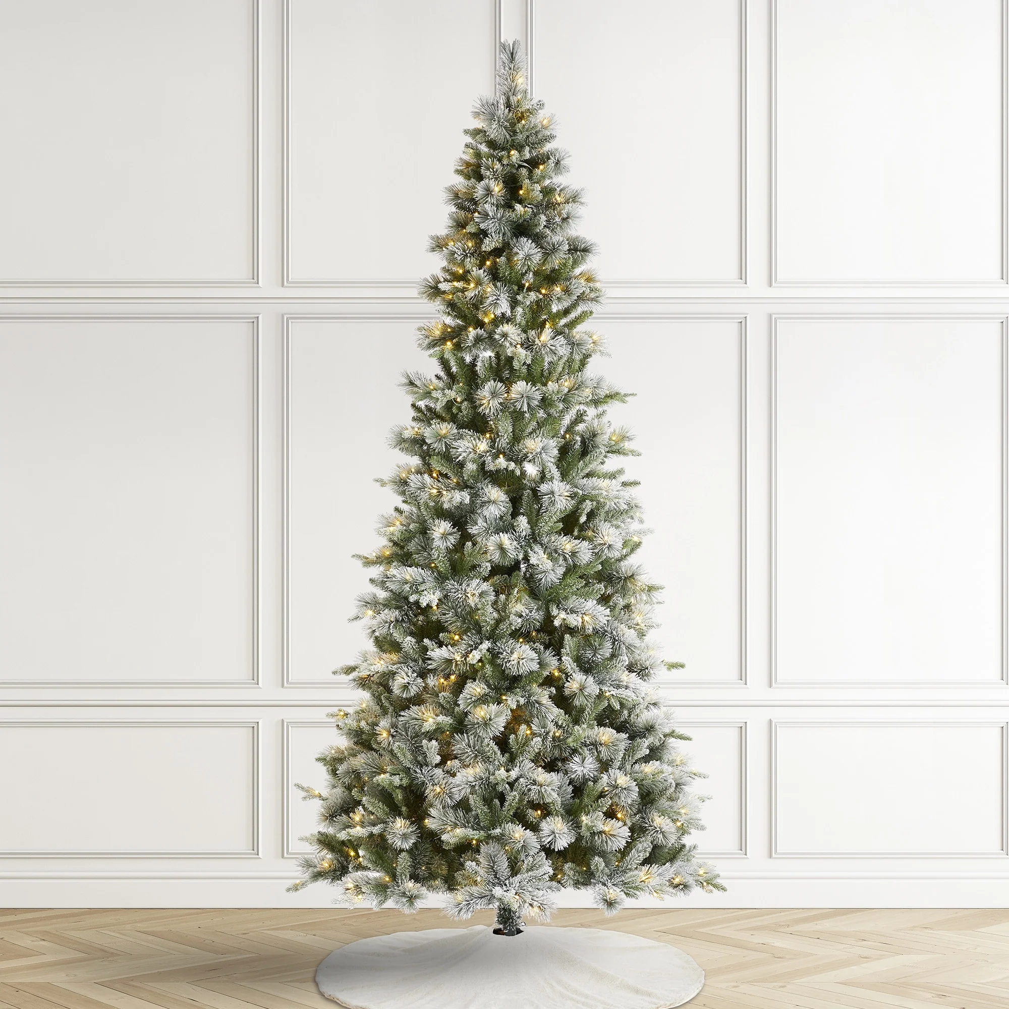 Glitzhome 7.5ft/9ft/11ft Pre-Lit Flocked Slim Pine Artificial Christmas Tree w/ Foot Pedal & Remote Control
