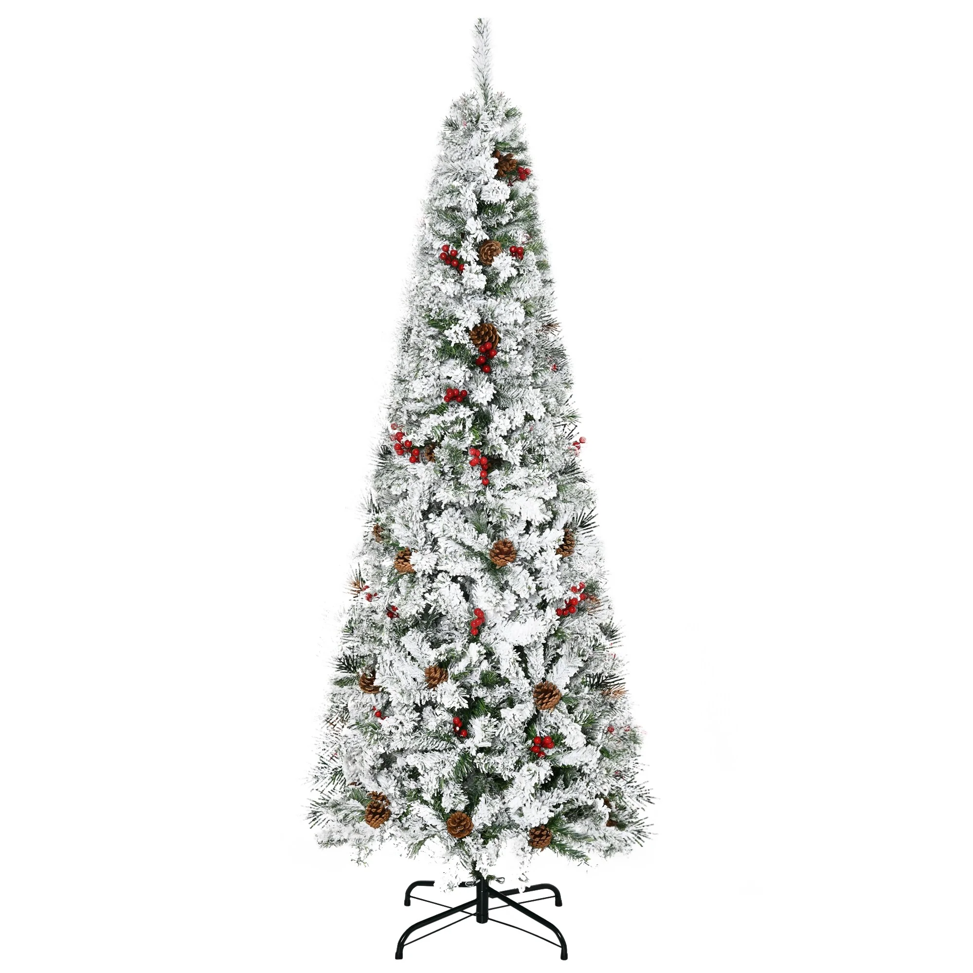 Unlit 6ft/7.5ft Snow-Flocked Pencil Christmas Tree, Pine with Realistic Branches, Pine Cones, and Red Berries