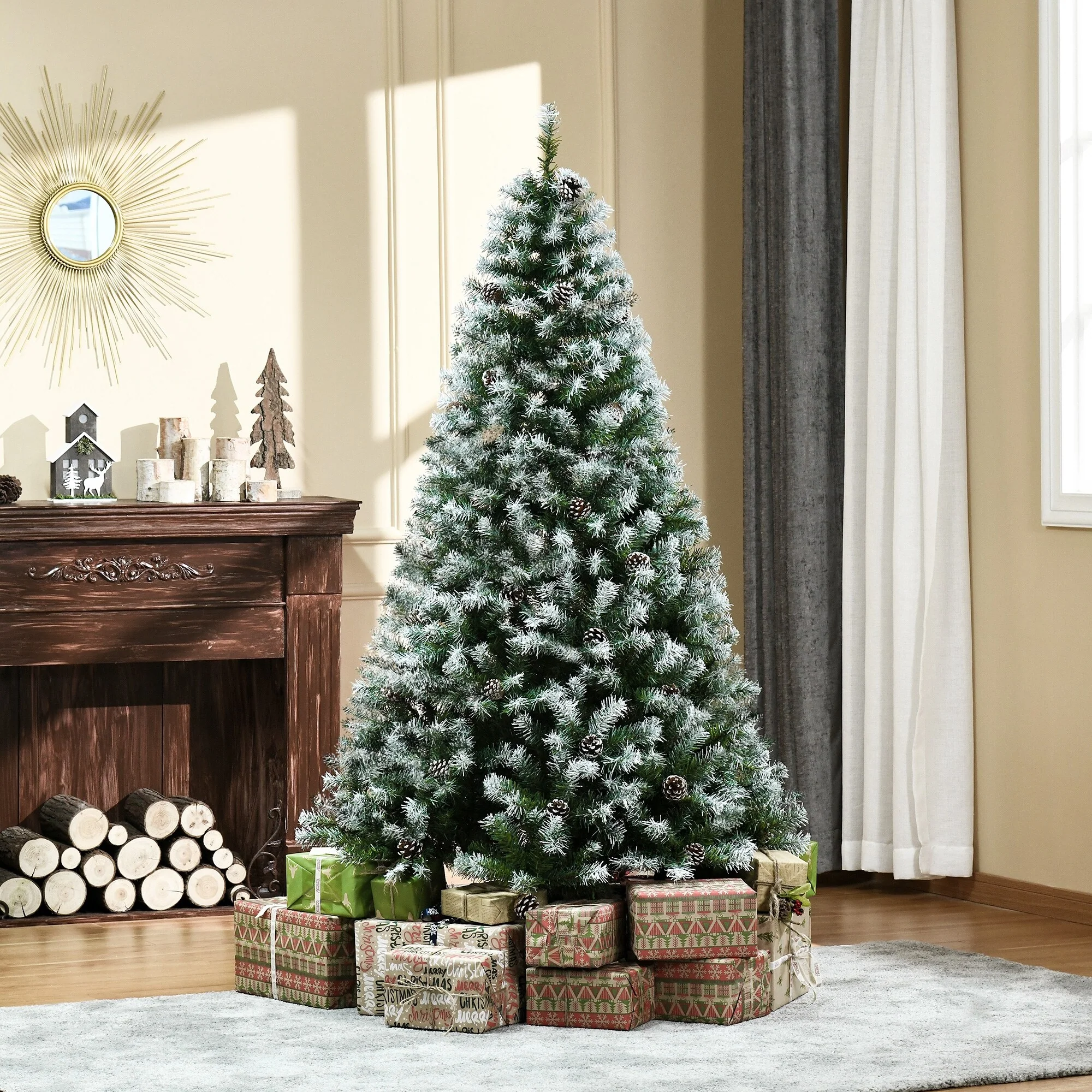 6ft Unlit Snow-Dusted Artificial Fir Christmas Tree with Pine Cones and 800 Branch Tips, Easy Setup & Storage