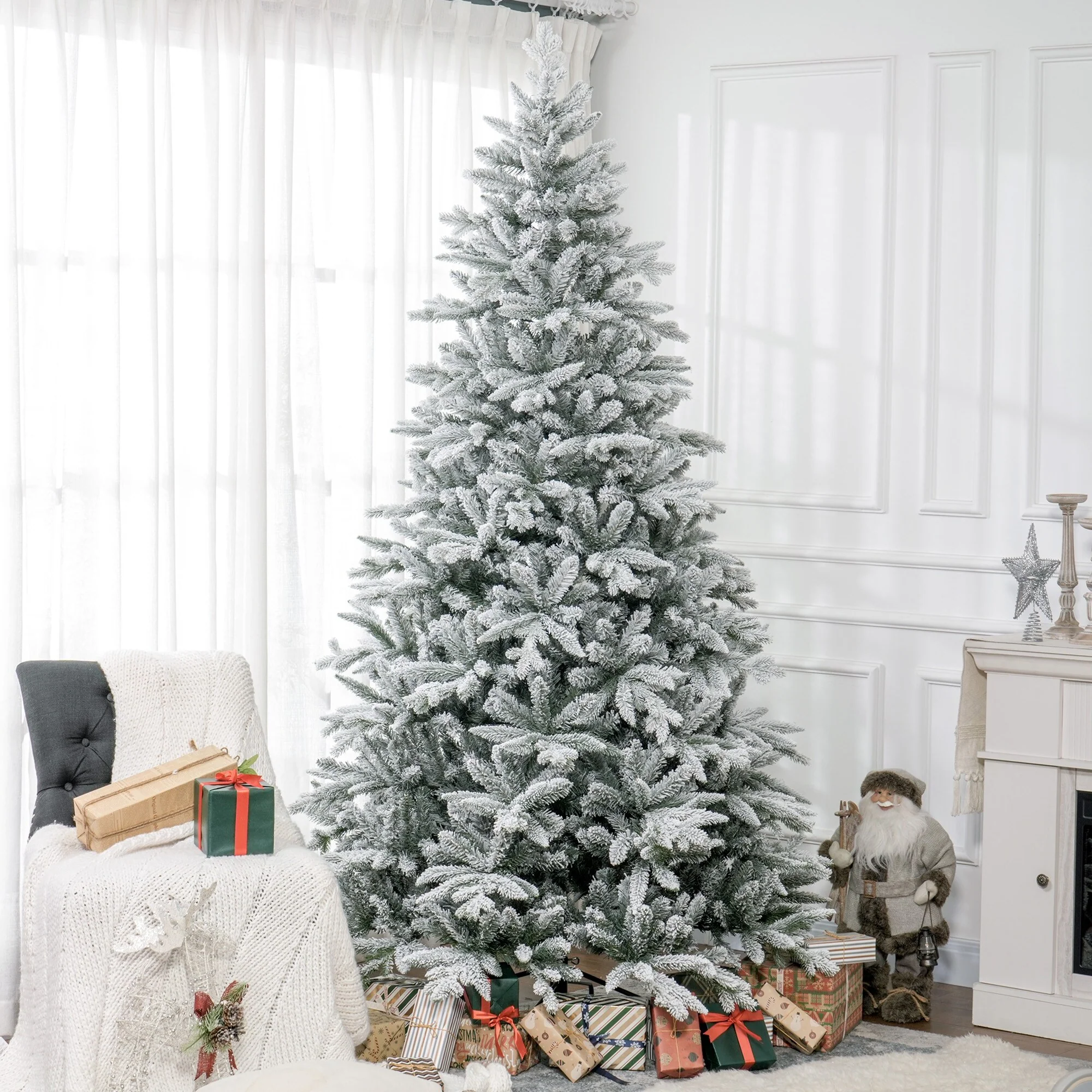 Snow Flocked 7ft/8ft Artificial Christmas Tree, Realistic Hinged Xmas Tree with 1401/2003 Tips & Metal Stand