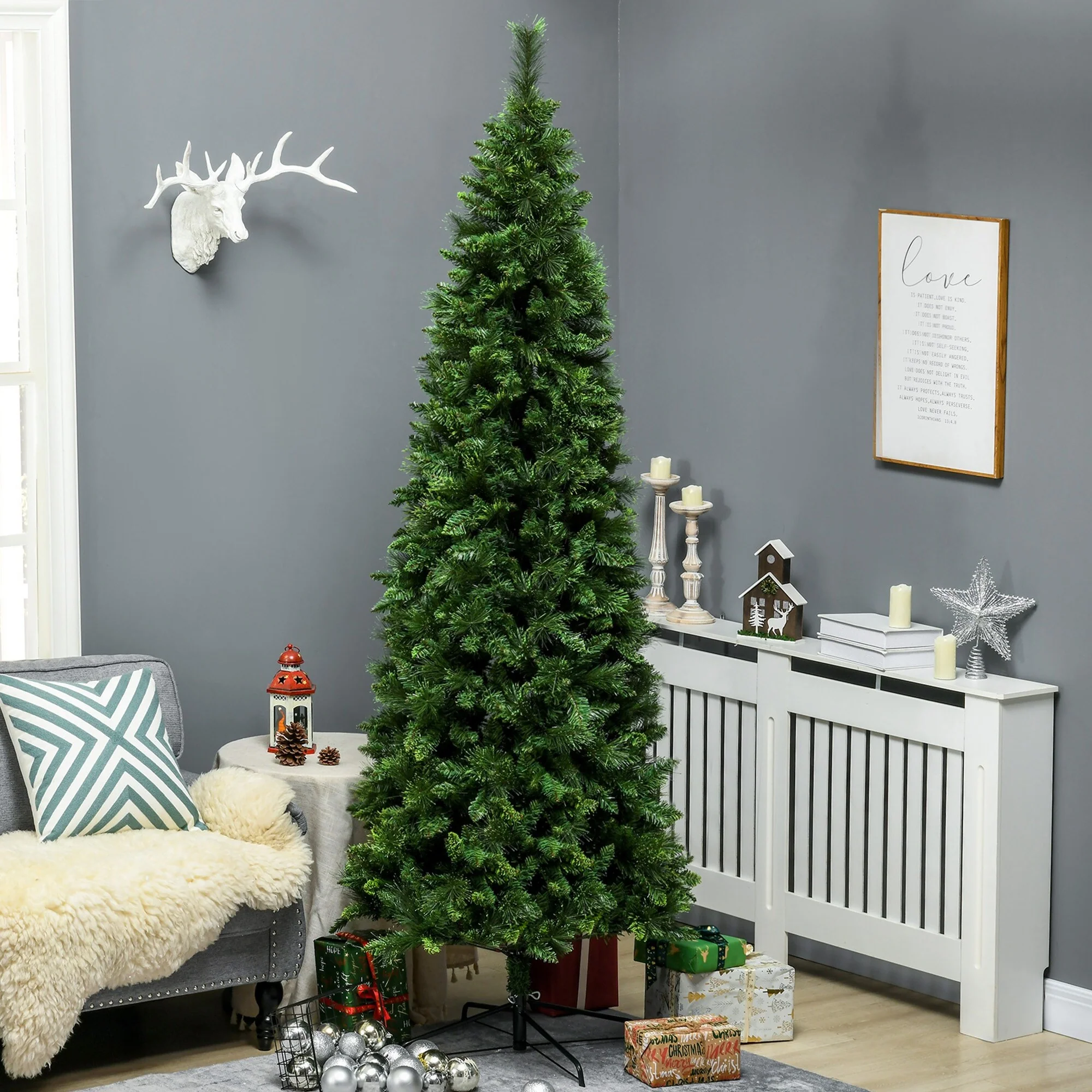 7.5ft Pencil Artificial Christmas Tree, Unlit, Auto Open with 1075 Realistic Pine Branch Tips, Steel Base Included