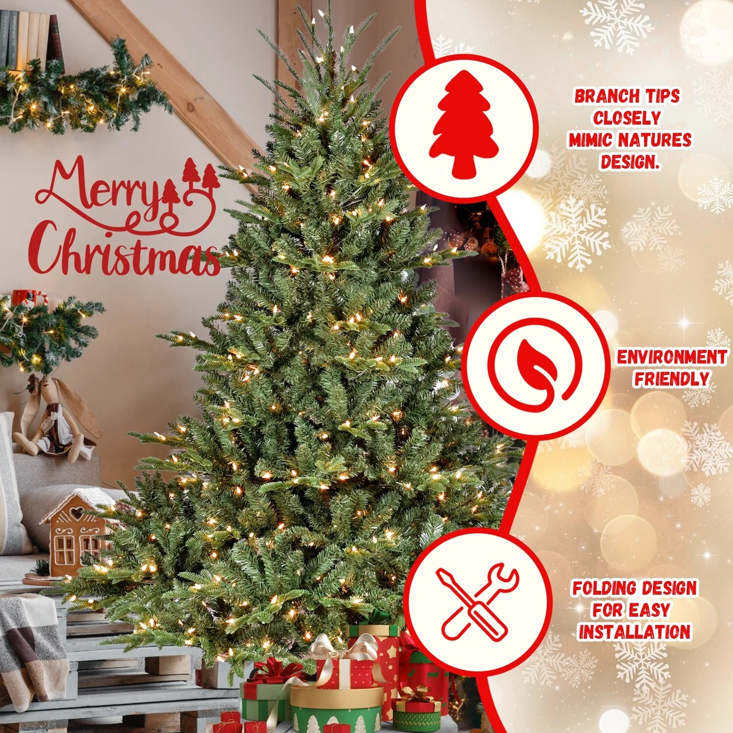 7.5FT Artificial Spruce Christmas Tree, Hinged Design with 2441 Tips, Flame-Retardant PE+PVC, Foldable Stand for Easy Storage