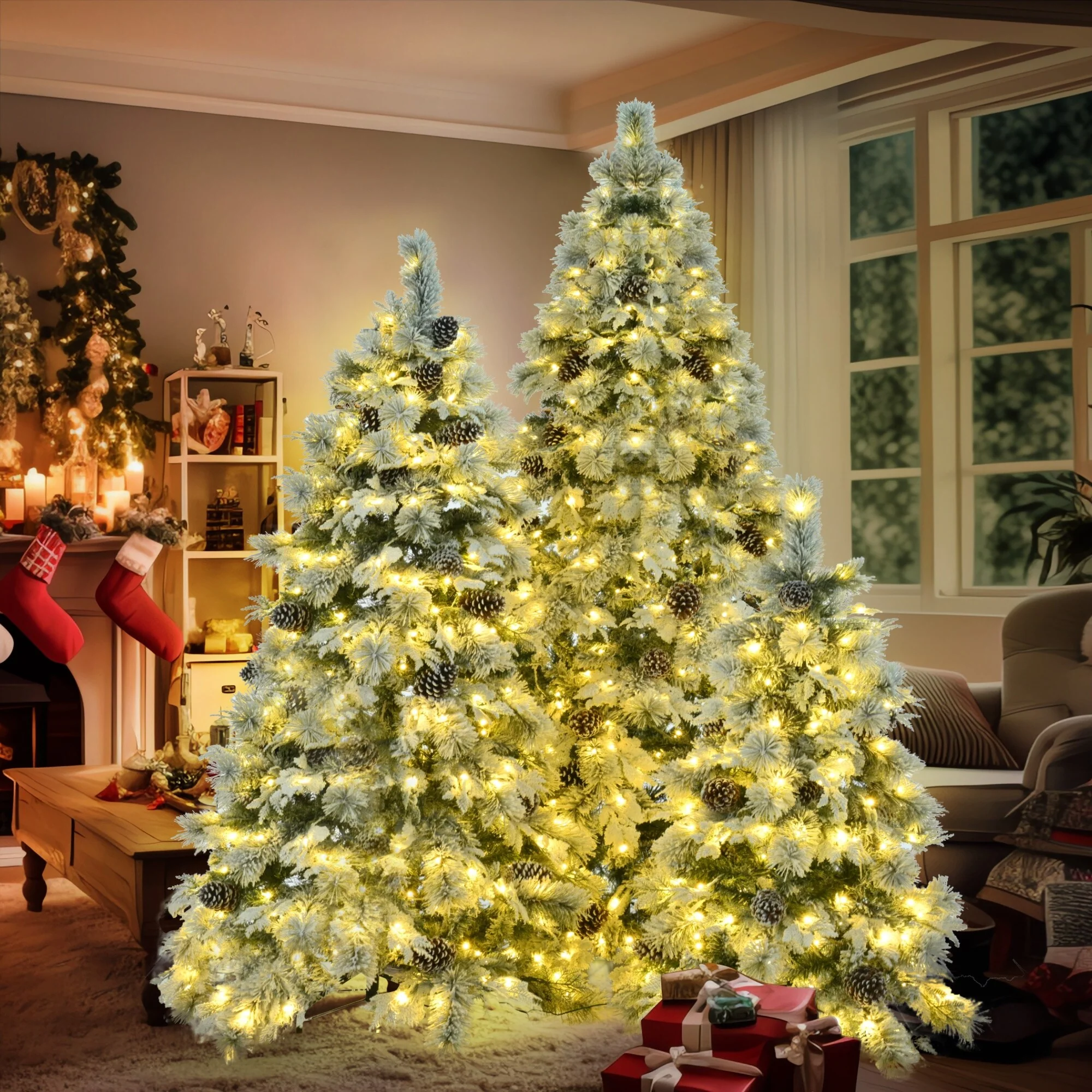 Artificial Pre-Lit Snow Flocked Christmas Tree Set with 820 LED Lights, Pine Cones, & 11 Flashing Modes - 4FT, 6FT, 7.5FT