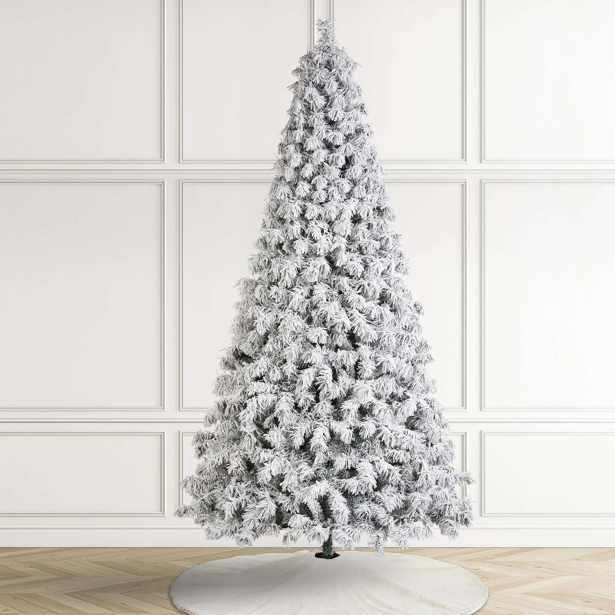 Glitzhome 7.5ft/9ft Pre-Lit Flocked Full Spruce Artificial Christmas Tree with C3 Lights Foot Switch