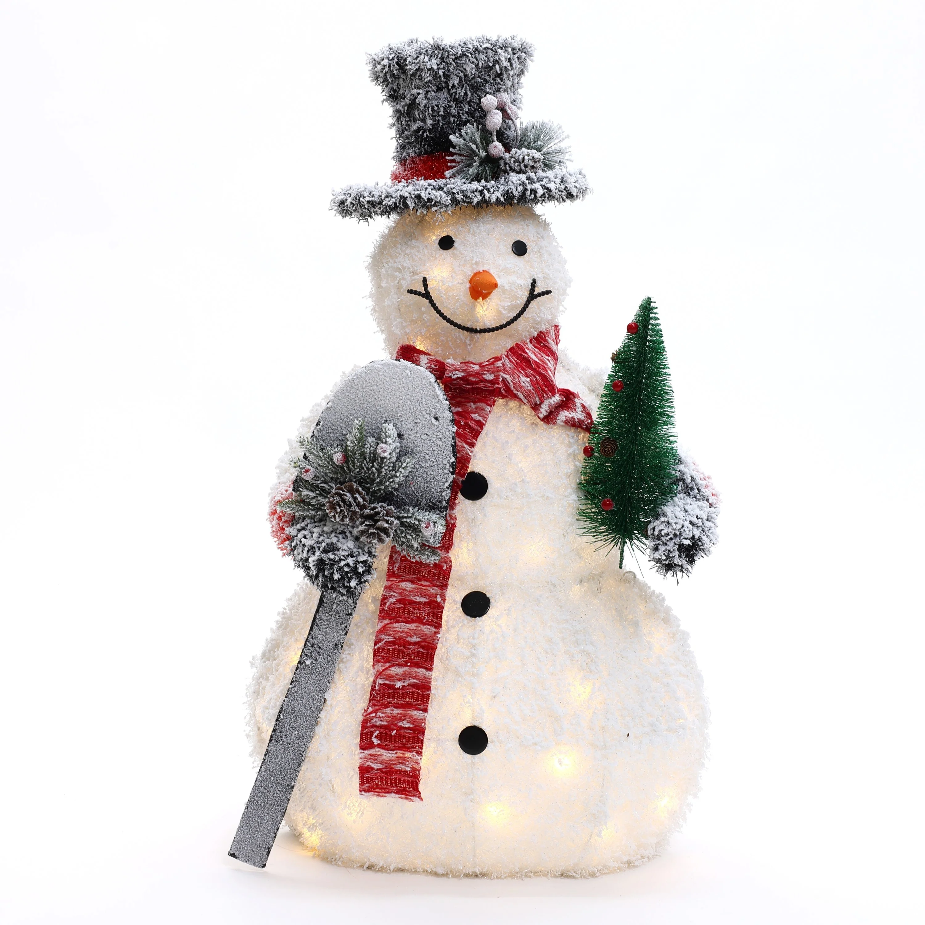 White Frosted Snowman Holding Shovel and Christmas Tree Holiday Decoration with Lights - Multi-Color - 35