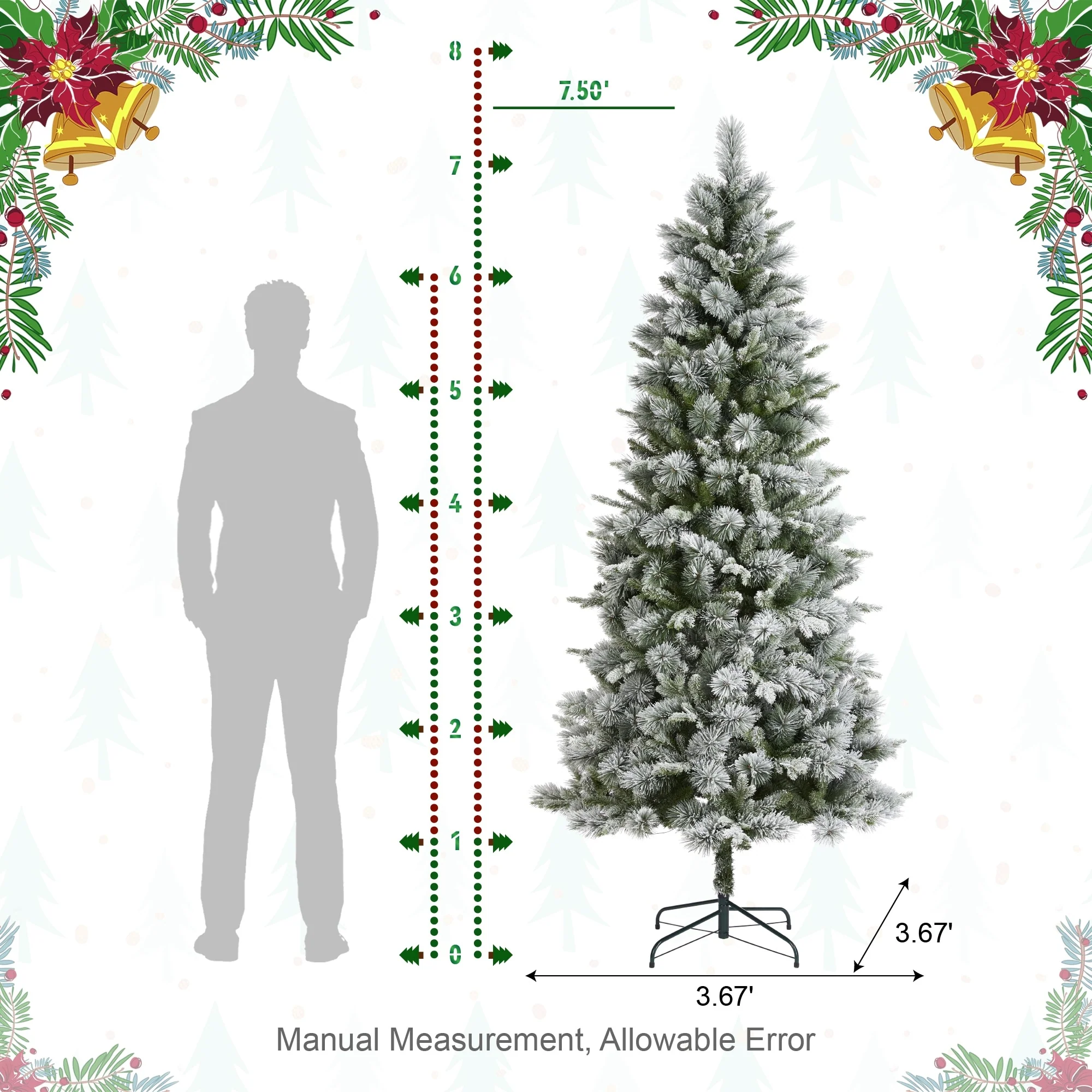 Glitzhome 7.5ft/9ft/11ft Pre-Lit Flocked Slim Pine Artificial Christmas Tree w/ Foot Pedal & Remote Control