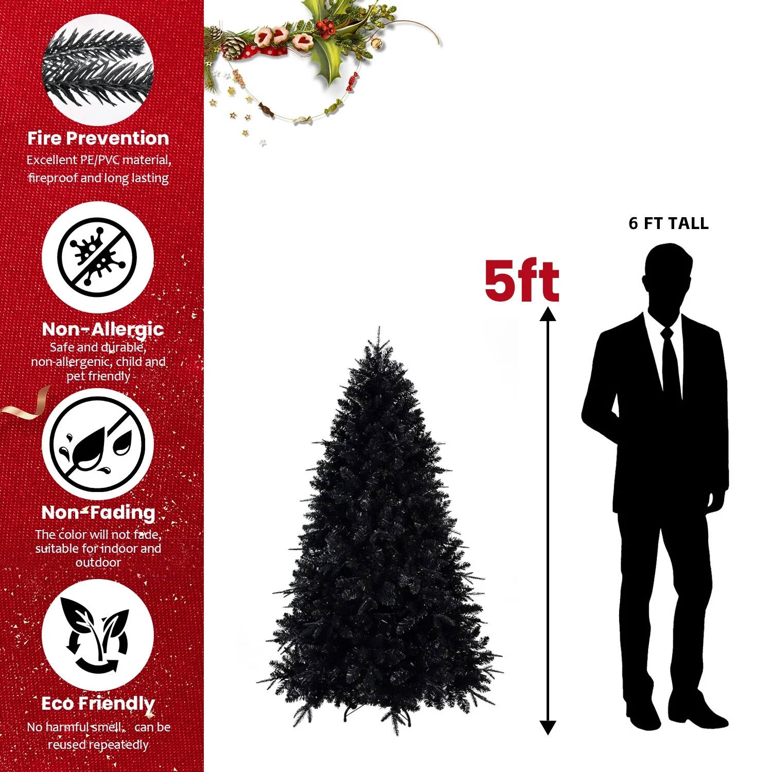 7.5ft Black Christmas Tree with 500 Pre-Strung Incandescent Lights, Full Shape with 2156 Tips, Metal Hinges, and Sturdy Base