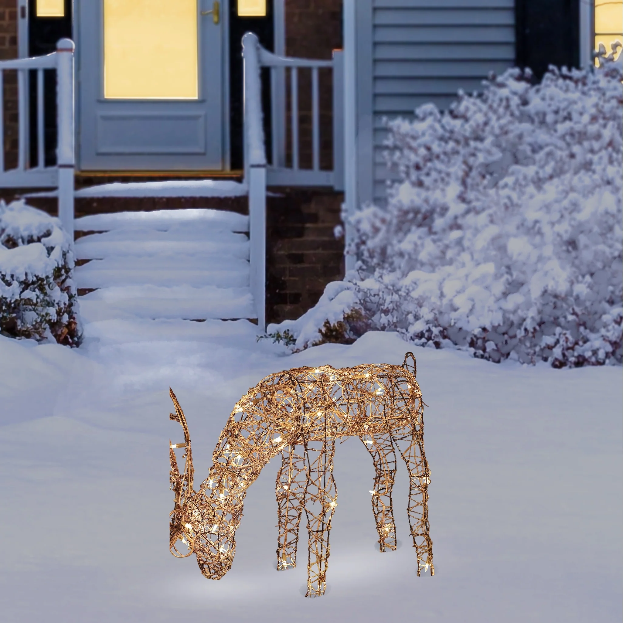 Alpine Corporation Outdoor Rattan Grazing Christmas Reindeer Lawn Decoration with White Halogen Lights