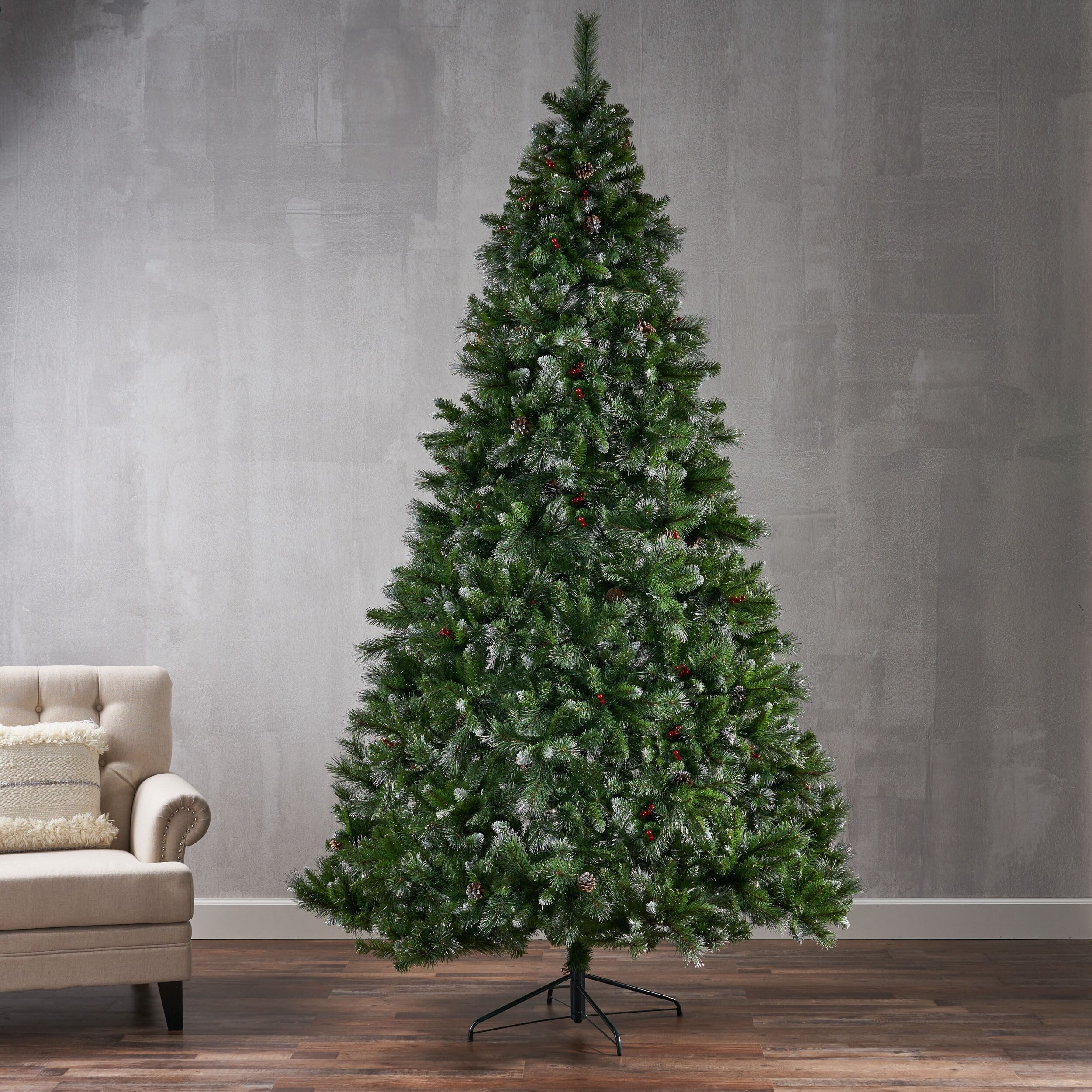 9-Foot Hinged Christmas Tree, Unlit, 2099 Tips with Red Berries and Pine Cones, Perfect for Large Indoor Spaces