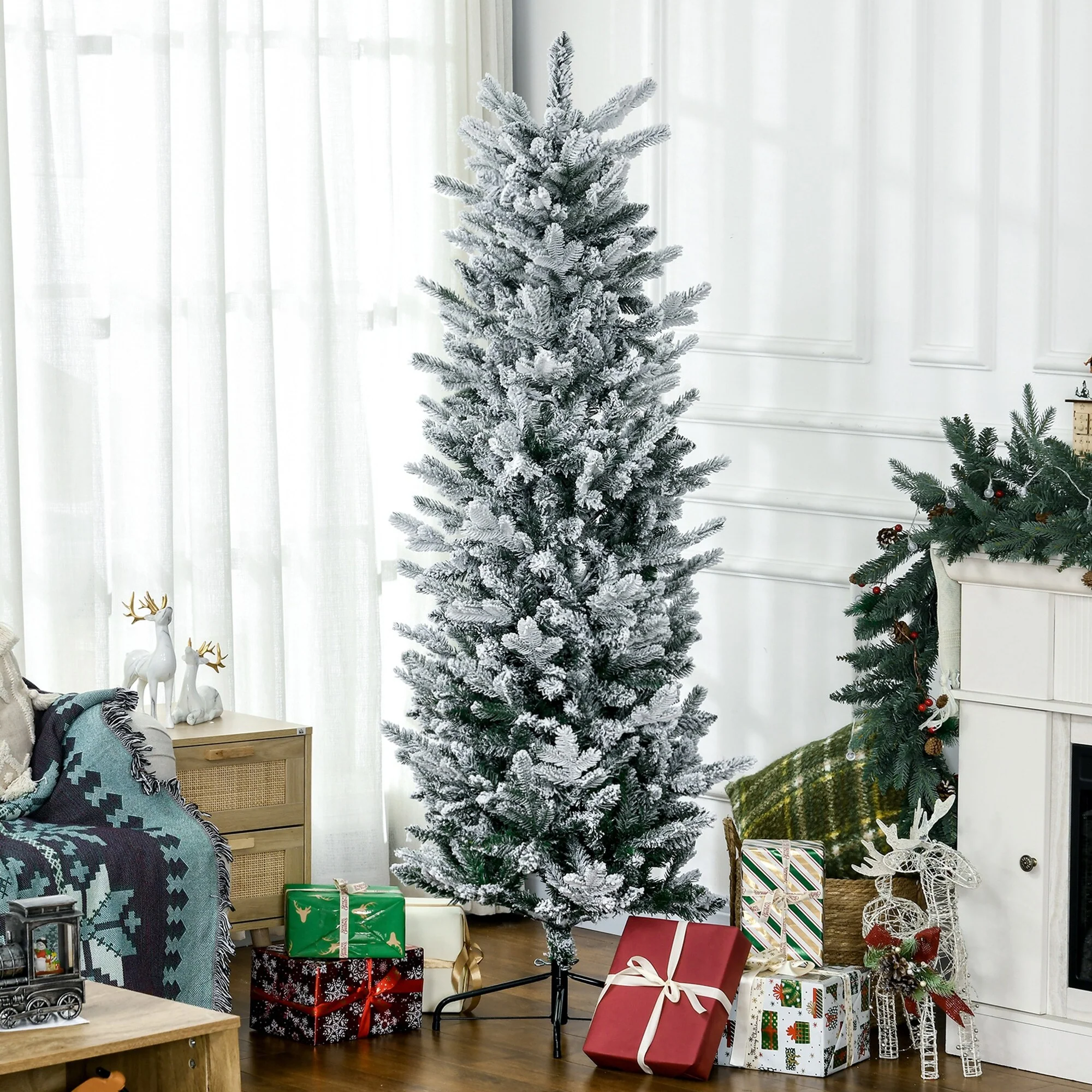 Unlit 6ft Snow-Flocked Pencil Artificial Christmas Tree with Auto-Open Design, Ideal Holiday Decoration